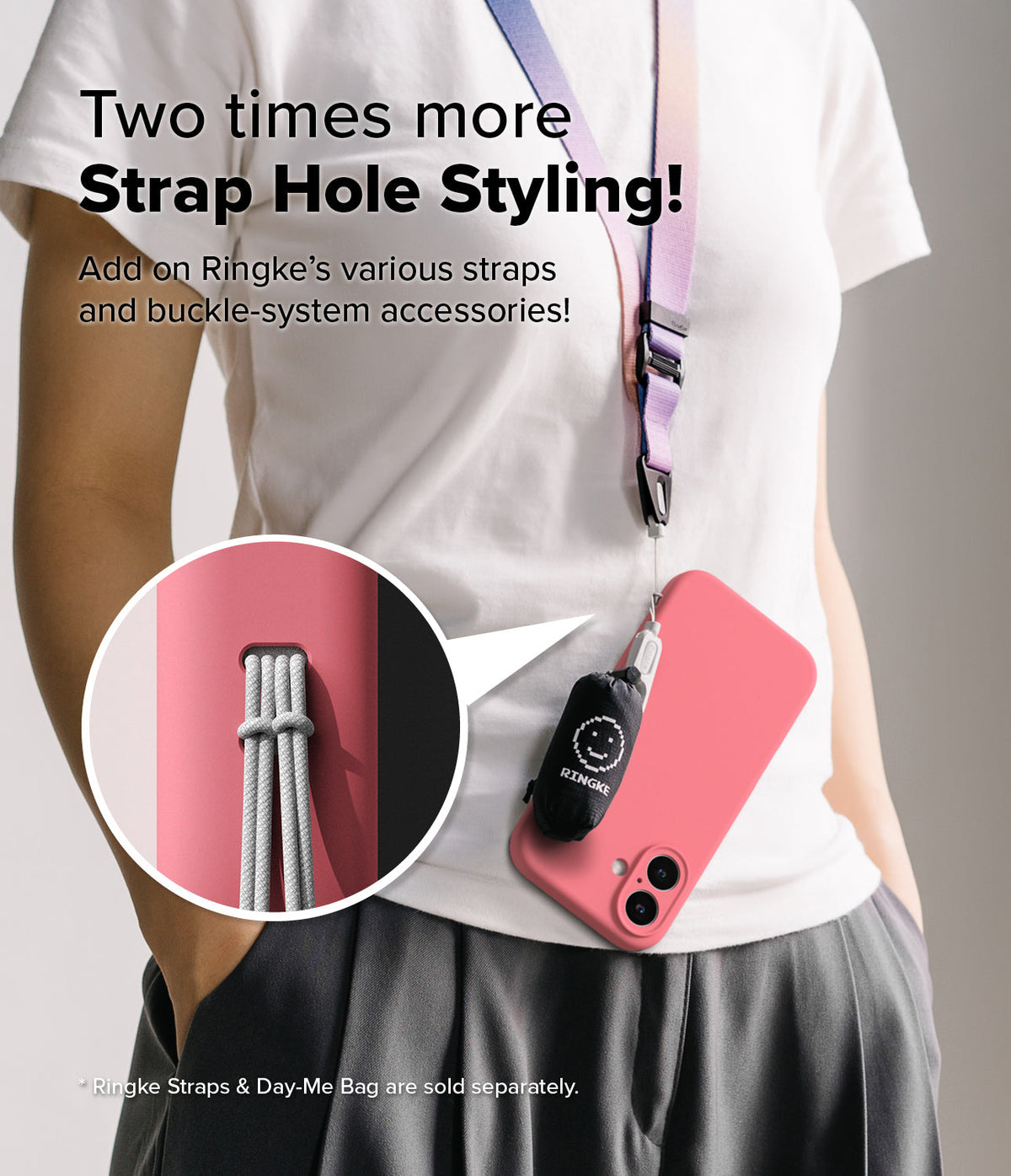 iPhone 16 Plus Case | Silicone Magnetic - Pink phone case with a lanyard and accessory bag attached to strap holes.