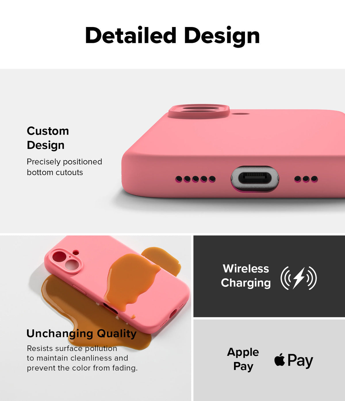 iPhone 16 Plus Case | Silicone Magnetic - Pink case showing bottom cutouts, liquid resistance, and wireless charging.