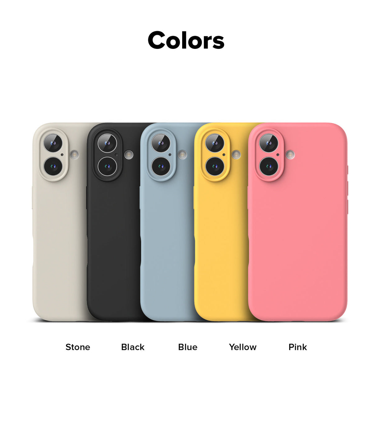 iPhone 16 Plus Case | Silicone Magnetic - Five iPhone 16 Plus silicone cases in stone, black, blue, yellow, and pink.