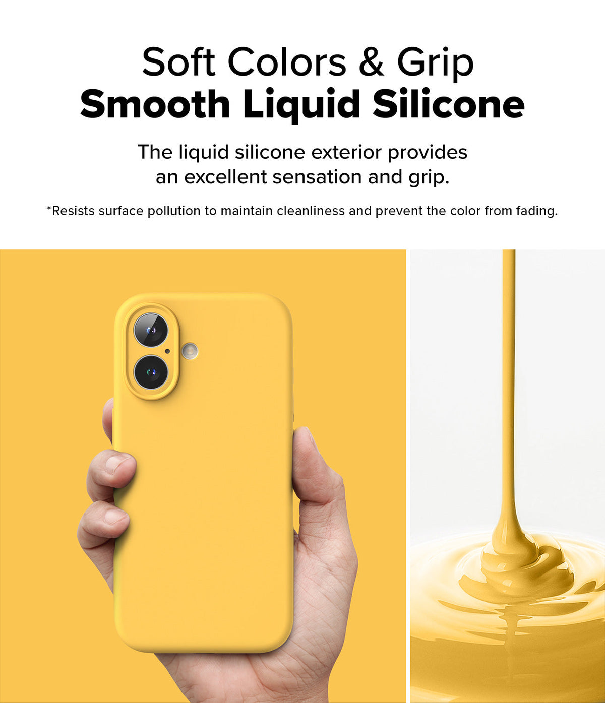 iPhone 16 Plus Case | Silicone Magnetic - Hand holding a yellow silicone phone case next to pouring liquid silicone.