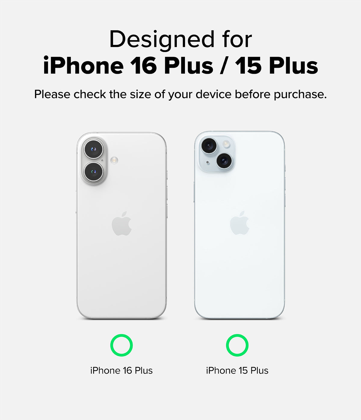 iPhone 16 Plus / 15 Plus Screen Protector | Easy Slide Tempered Glass - iPhone 16 Plus / 15 Plus Screen Protector - Comparison of iPhone 16 Plus and 15 Plus back panels with green checkmarks.