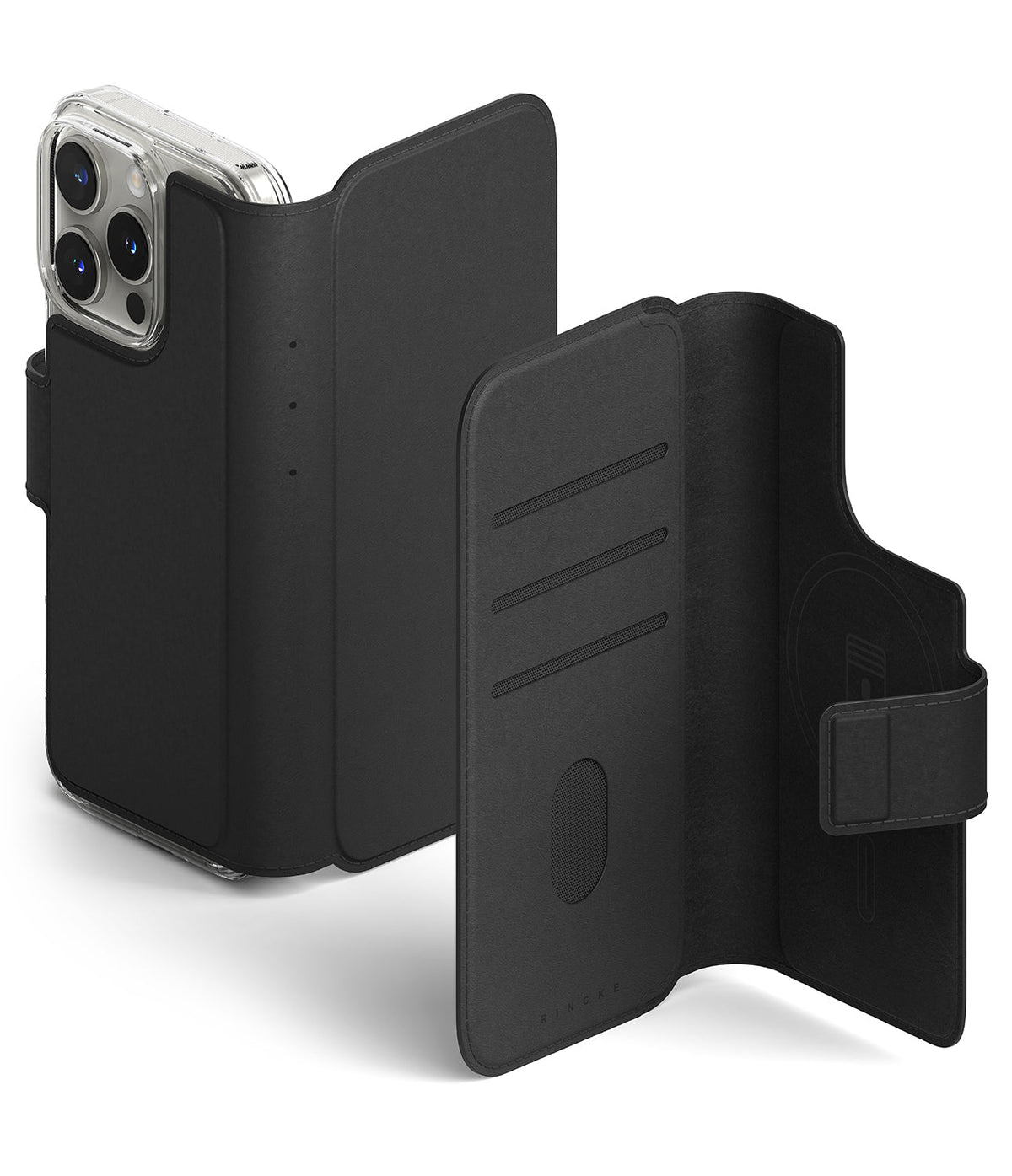 iPhone & Pro MagSafe Cover | Folio Wallet Magnetic - Black leather folio case with card slots and magnetic closure.