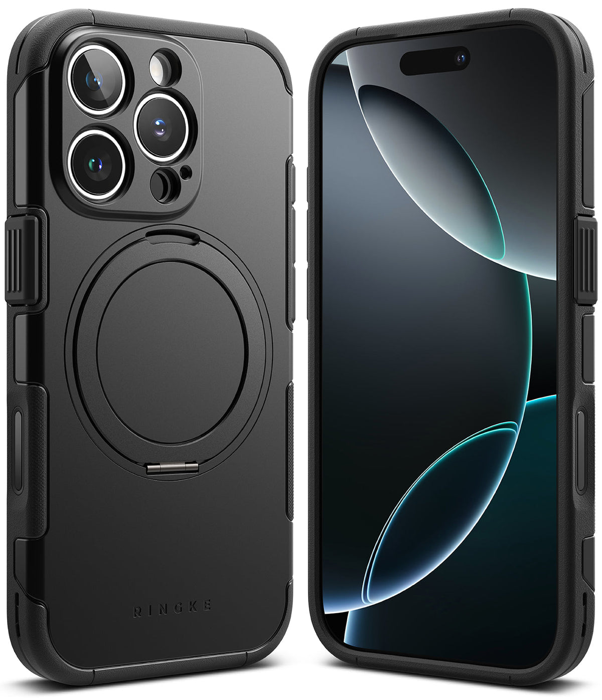 iPhone 16 Pro Case | Alles - Matte black protective phone case with a circular kickstand and camera cutout, shown front and back.