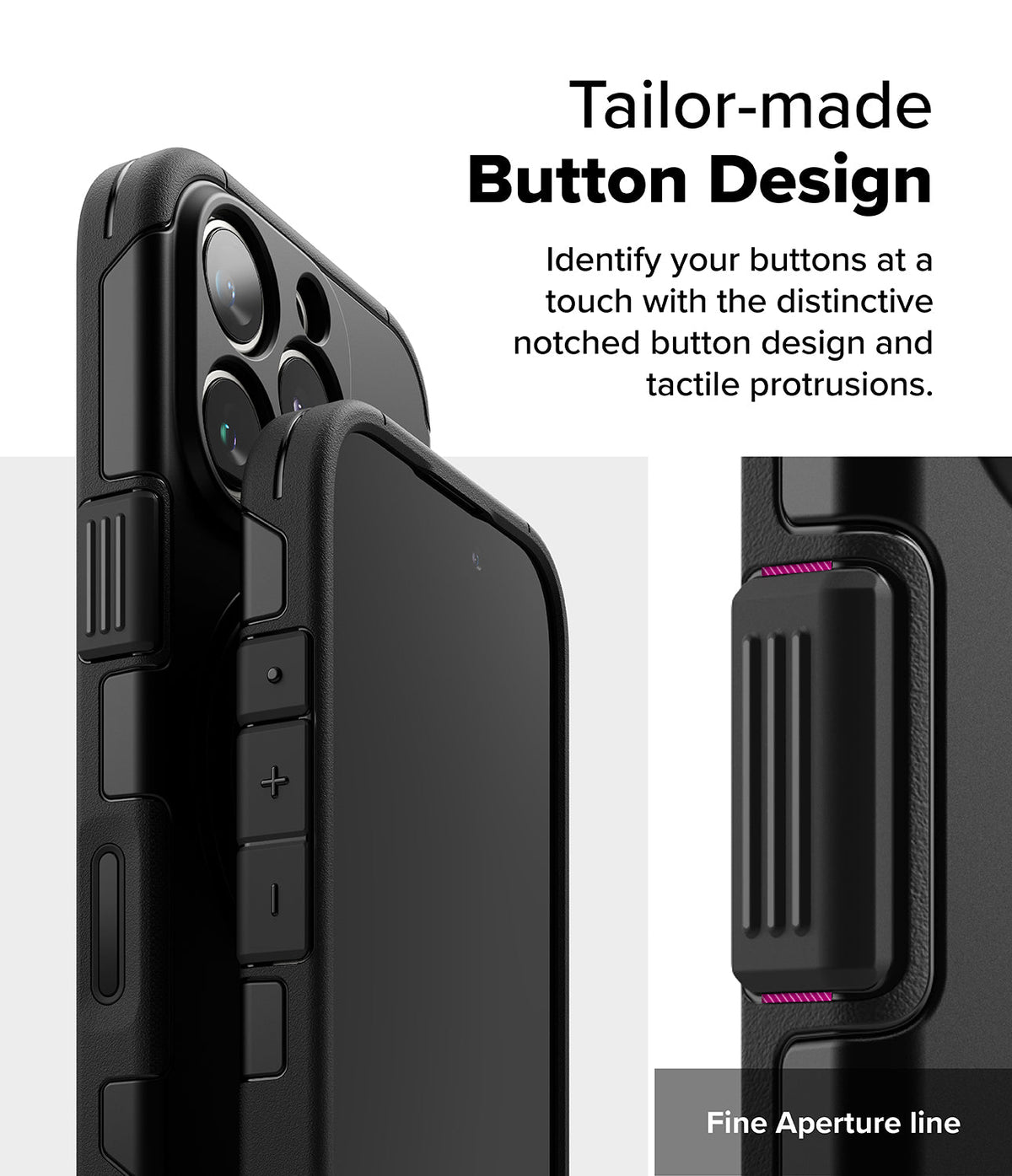 iPhone 16 Pro Case | Alles - Close-up of black phone case showing tactile, notched buttons and a fine aperture line design.