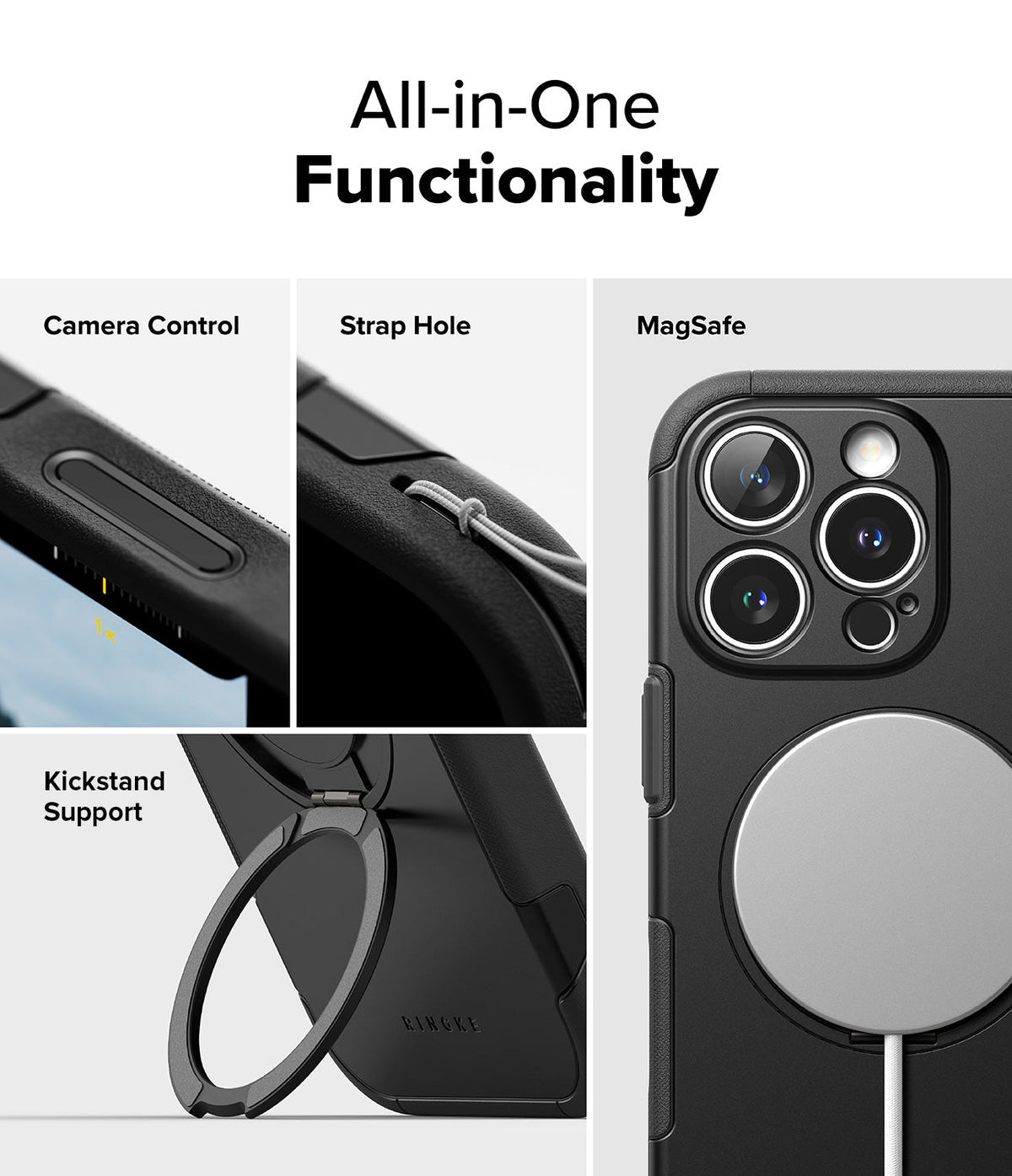 iPhone 16 Pro Case | Alles - Close-ups of camera control, strap hole, kickstand, and MagSafe charging on a black phone case.