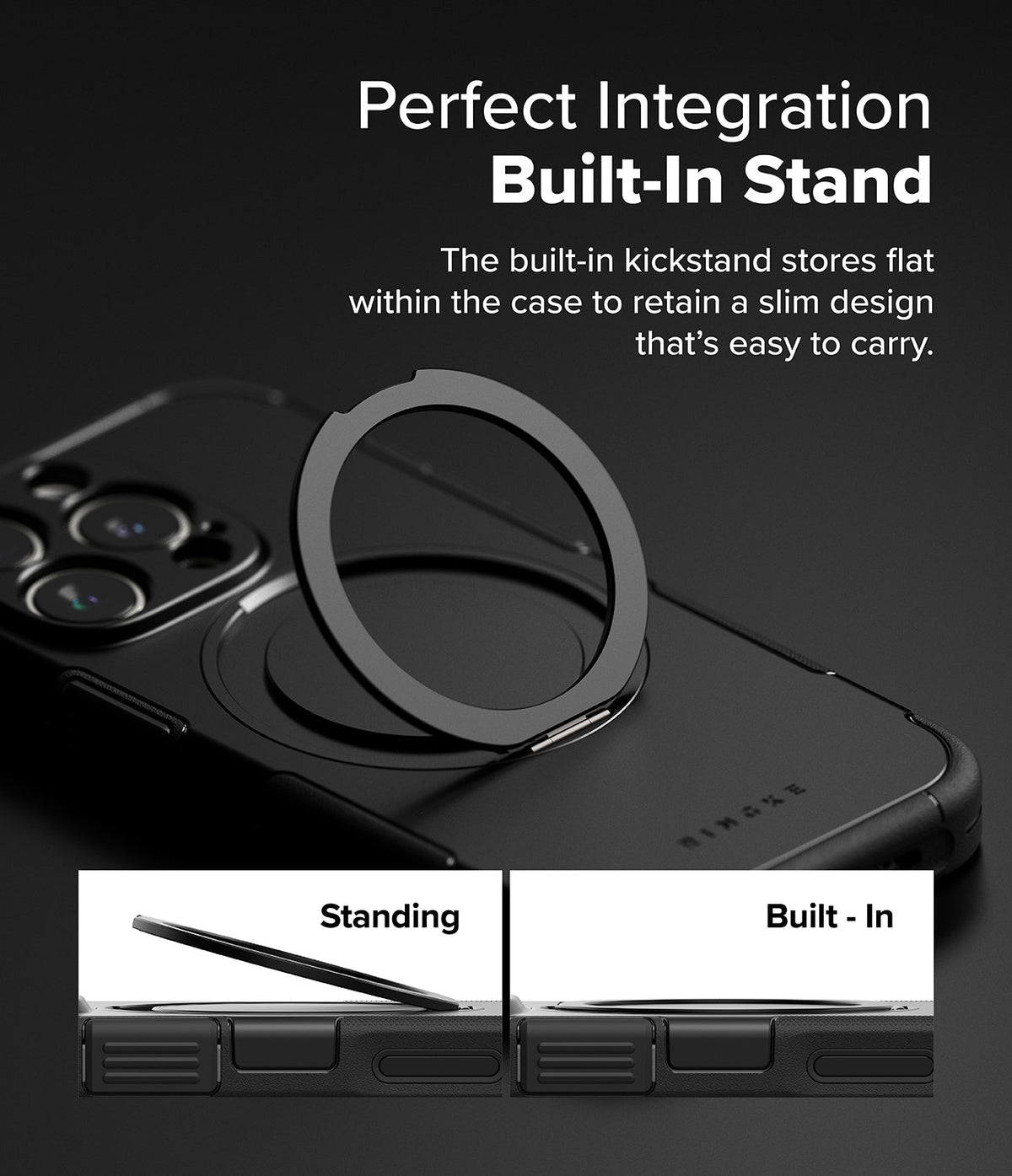 iPhone 16 Pro Case | Alles - Black phone case with a circular kickstand that folds flat against the back for a slim profile.