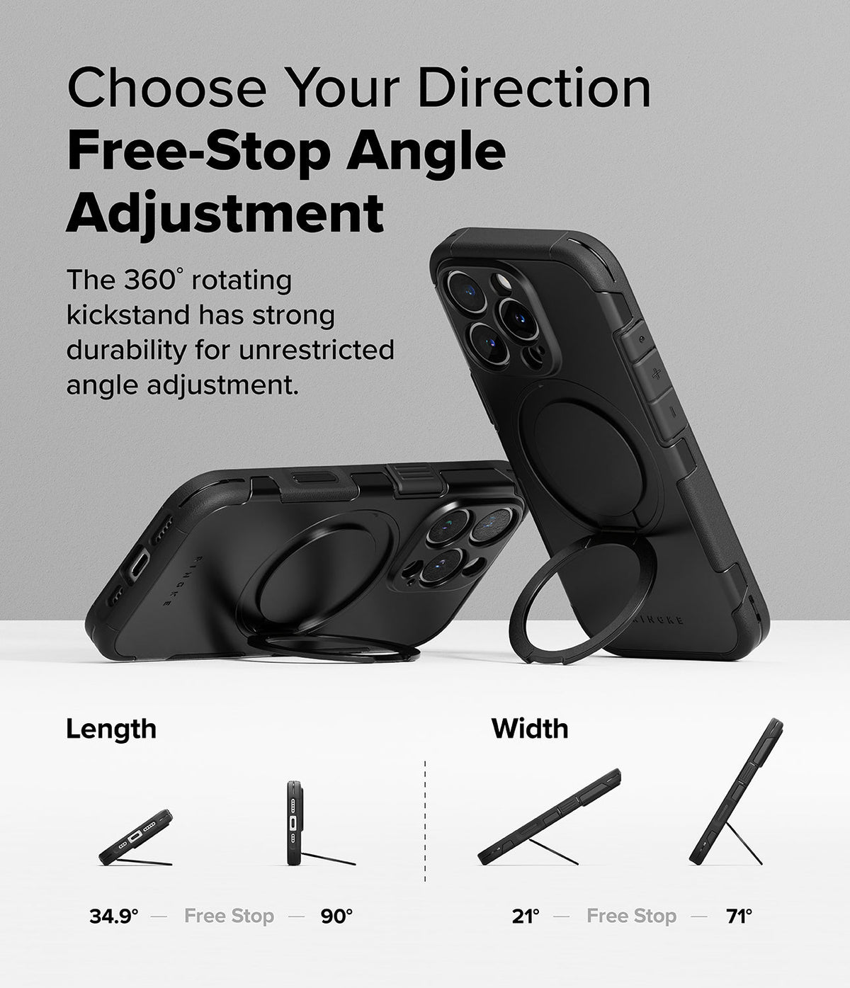 iPhone 16 Pro Case | Alles - Black phone case with a 360-degree rotating kickstand shown at various angles and positions.