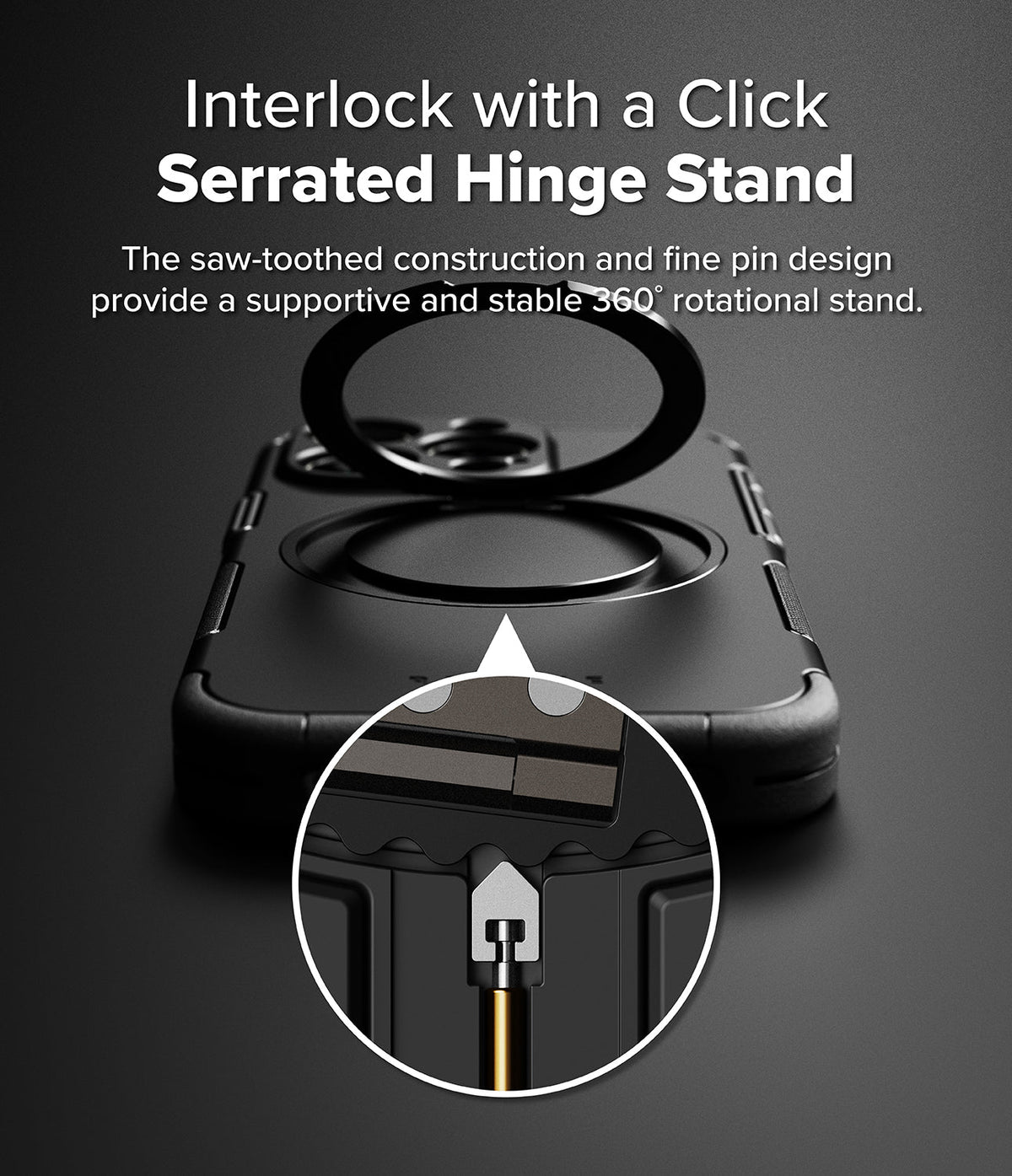 iPhone 16 Pro Case | Alles - Close-up of a phone case with a serrated hinge stand and a magnified view of the pin mechanism.
