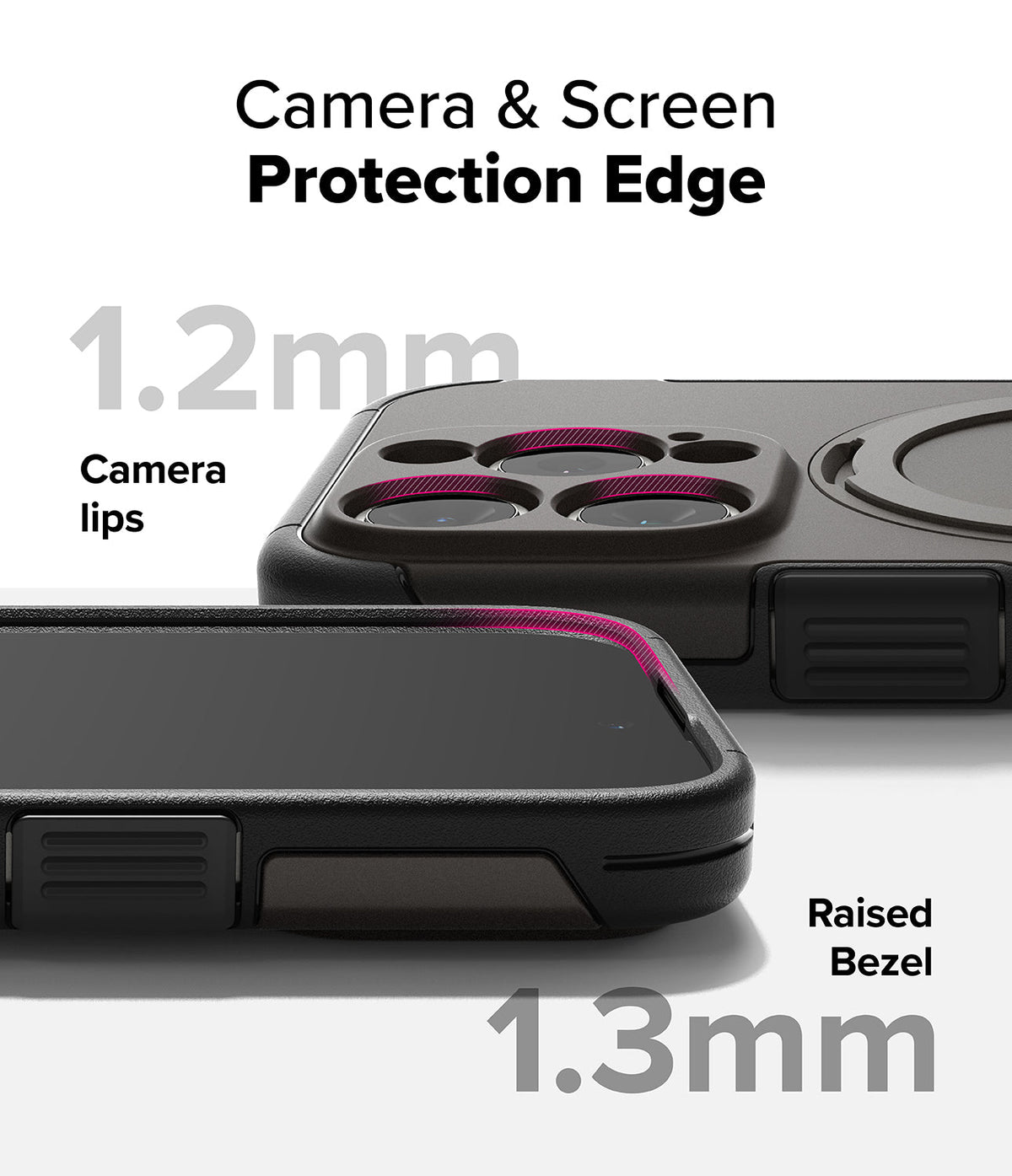 iPhone 16 Pro Case | Alles - Close-up of phone case highlighting 1.2mm camera lips and 1.3mm raised screen bezel protection.