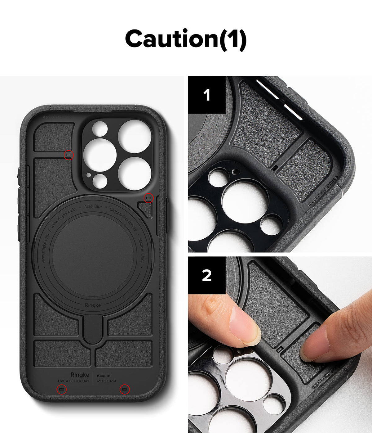 iPhone 16 Pro Case | Alles - Diagram showing how to install the inner frame into the black protective phone case.