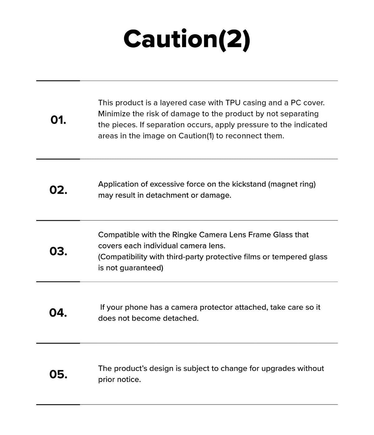 iPhone 16 Pro Case | Alles - A numbered list of five caution points regarding phone case usage, maintenance, and compatibility.