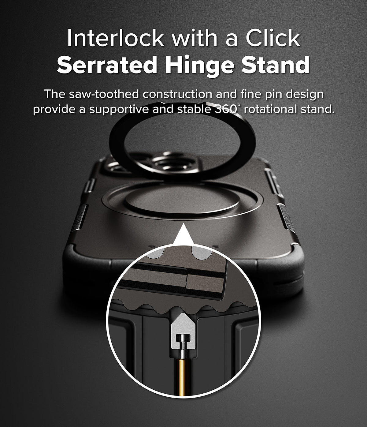 iPhone 16 Pro Case | Alles - Close-up of a phone case with a serrated hinge ring stand and a magnified view of the pin mechanism.