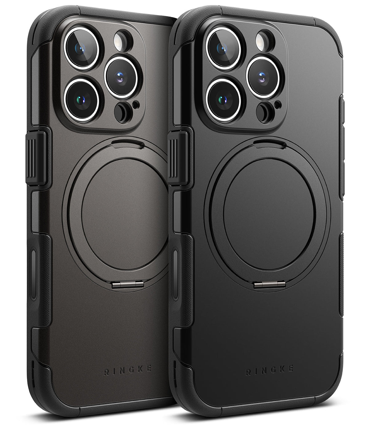 iPhone 16 Pro Case | Alles - Two black rugged Ringke phone cases with circular magnetic mounts on the back.