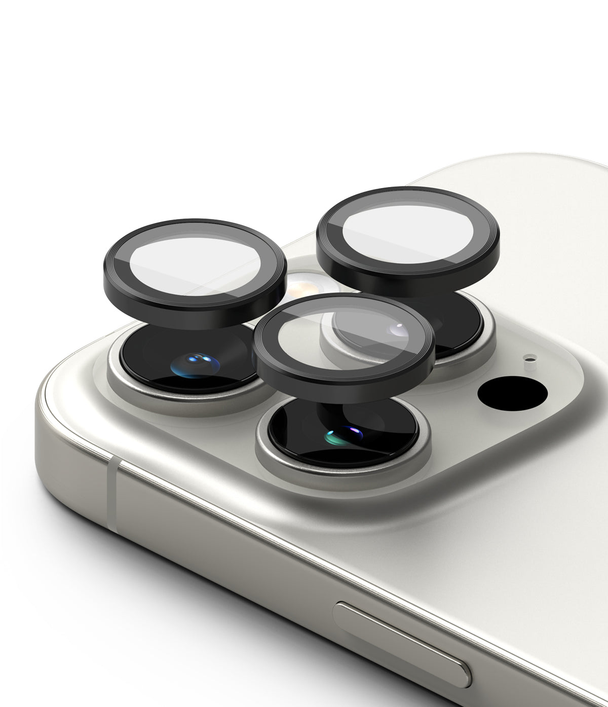 iPhone 16 Pro Max / 16 Pro | Camera Lens Frame Glass - iPhone 16 Pro Max / 16 Pro - Three black protective glass lens covers hovering above the iPhone camera array.