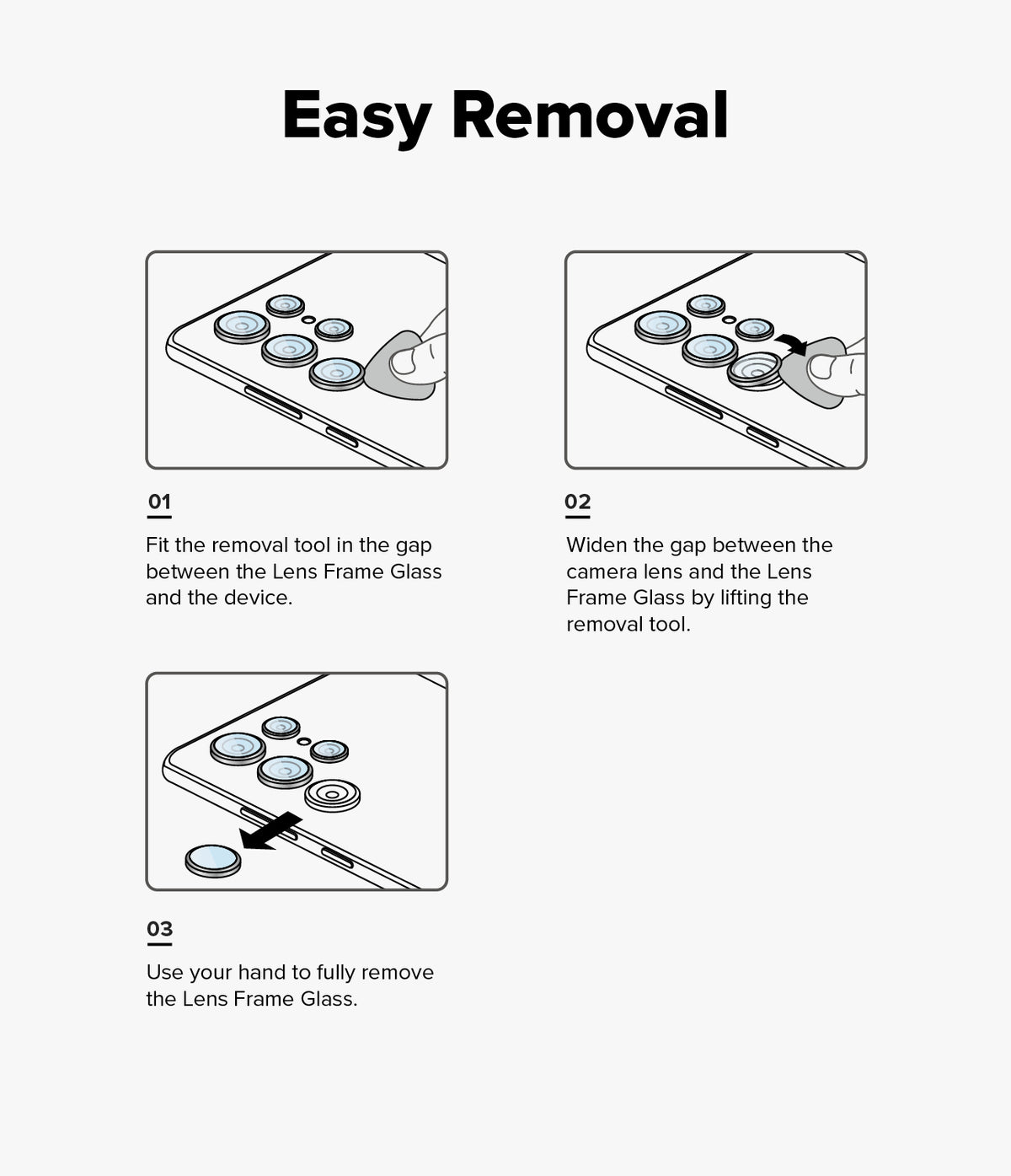 iPhone 16 Pro Max / 16 Pro | Camera Lens Frame Glass - iPhone 16 Pro Max / 16 Pro | Three-step diagram showing how to use a tool to pry and remove the camera lens frame glass.