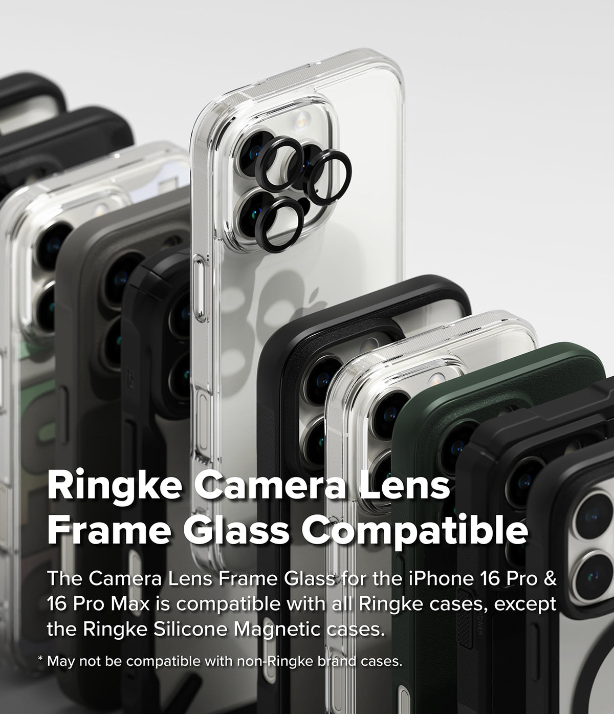 iPhone 16 Pro Max / 16 Pro | Camera Lens Frame Glass - Multiple iPhones in various Ringke cases with black lens protectors.