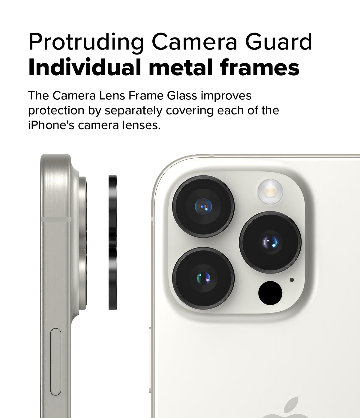 iPhone 16 Pro Max / 16 Pro | Camera Lens Frame Glass - Side and rear views of an iPhone showing individual lens guards.