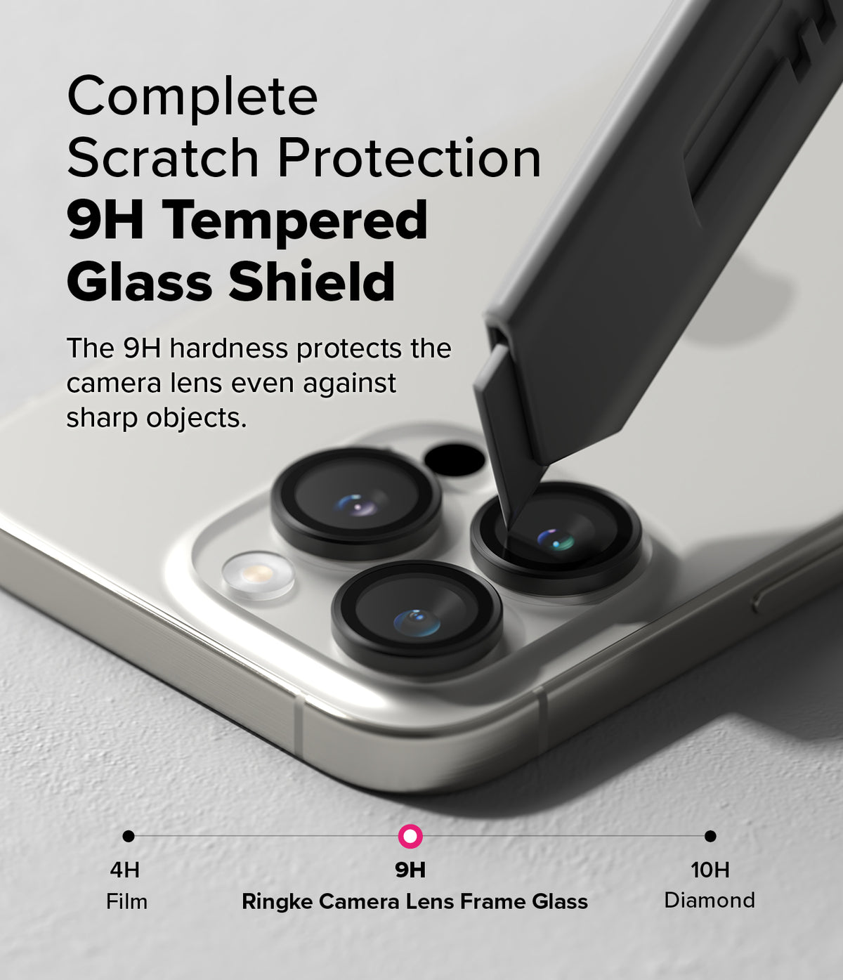 iPhone 16 Pro Max / 16 Pro | Camera Lens Frame Glass - Utility knife blade scratching a tempered glass lens protector.