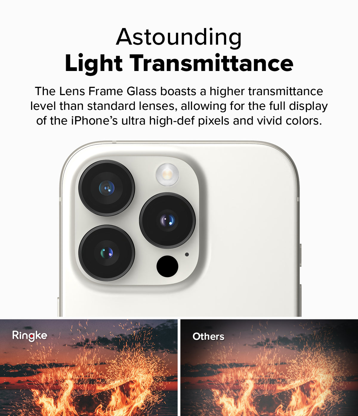 iPhone 16 Pro Max / 16 Pro | Camera Lens Frame Glass - Comparison showing clearer, brighter fire imagery with Ringke.