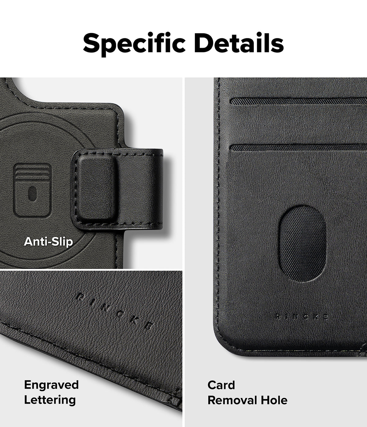iPhone 16 Pro Cover | Folio Grip Wallet Magnetic - iPhone 16 Pro Cover - Close-up of black leather wallet showing anti-slip texture, engraved Ringke logo, and card removal hole.