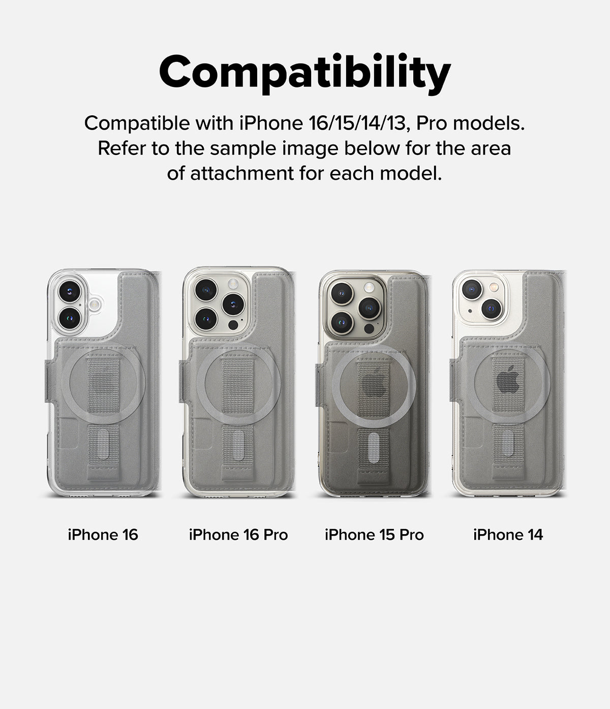 iPhone 16 Pro Cover | Folio Grip Wallet Magnetic - iPhone 16 Pro Cover - Compatibility chart showing a magnetic folio grip wallet attached to four different iPhone models.