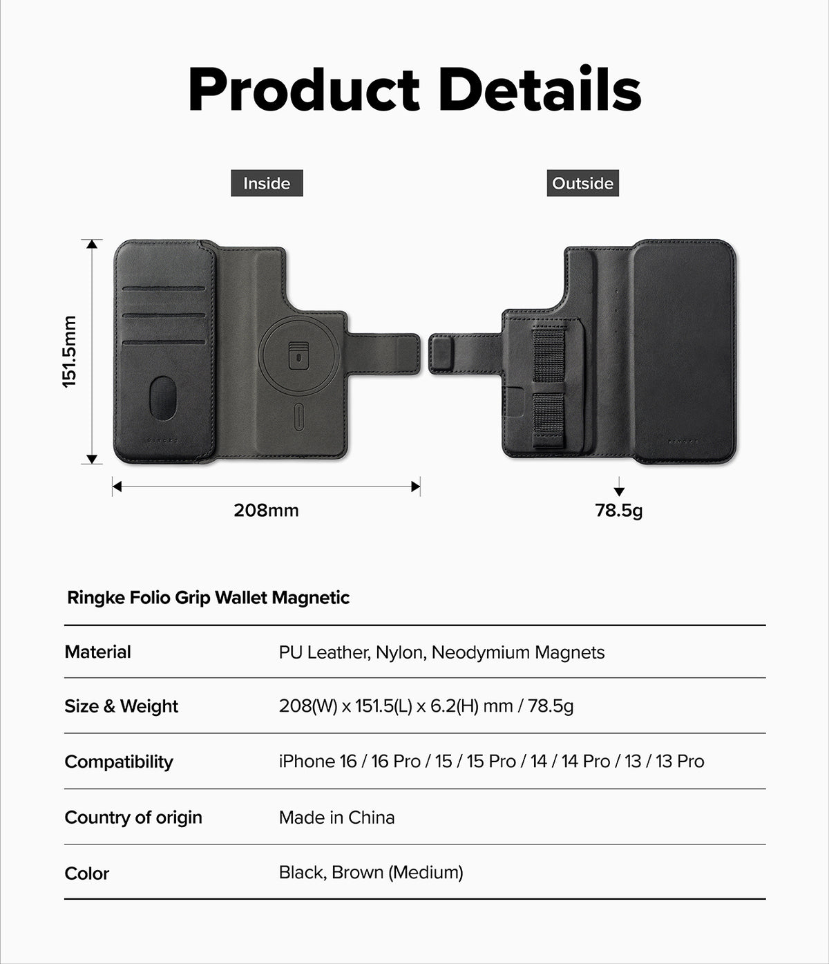 iPhone 16 Pro Cover | Folio Grip Wallet Magnetic - iPhone 16 Pro Cover - Technical diagram showing dimensions, weight, and features of a black magnetic folio wallet case.