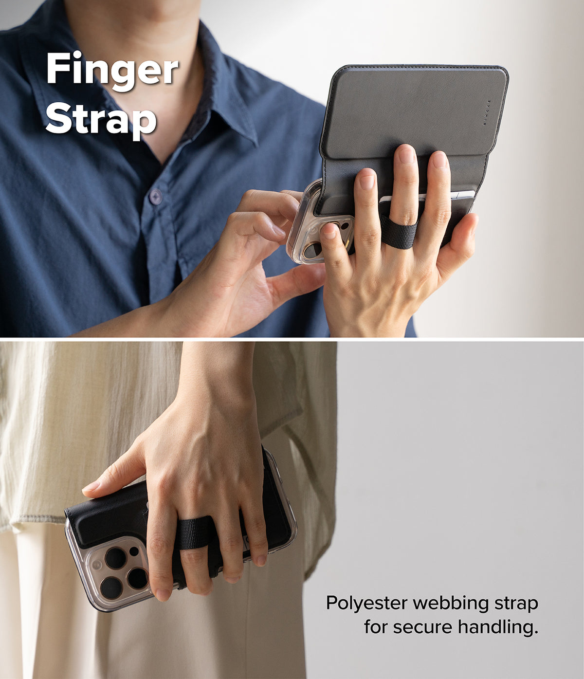 iPhone 16 Pro Cover | Folio Grip Wallet Magnetic - iPhone 16 Pro Cover - Person using a black folio wallet case with a finger strap for secure handling of the phone.