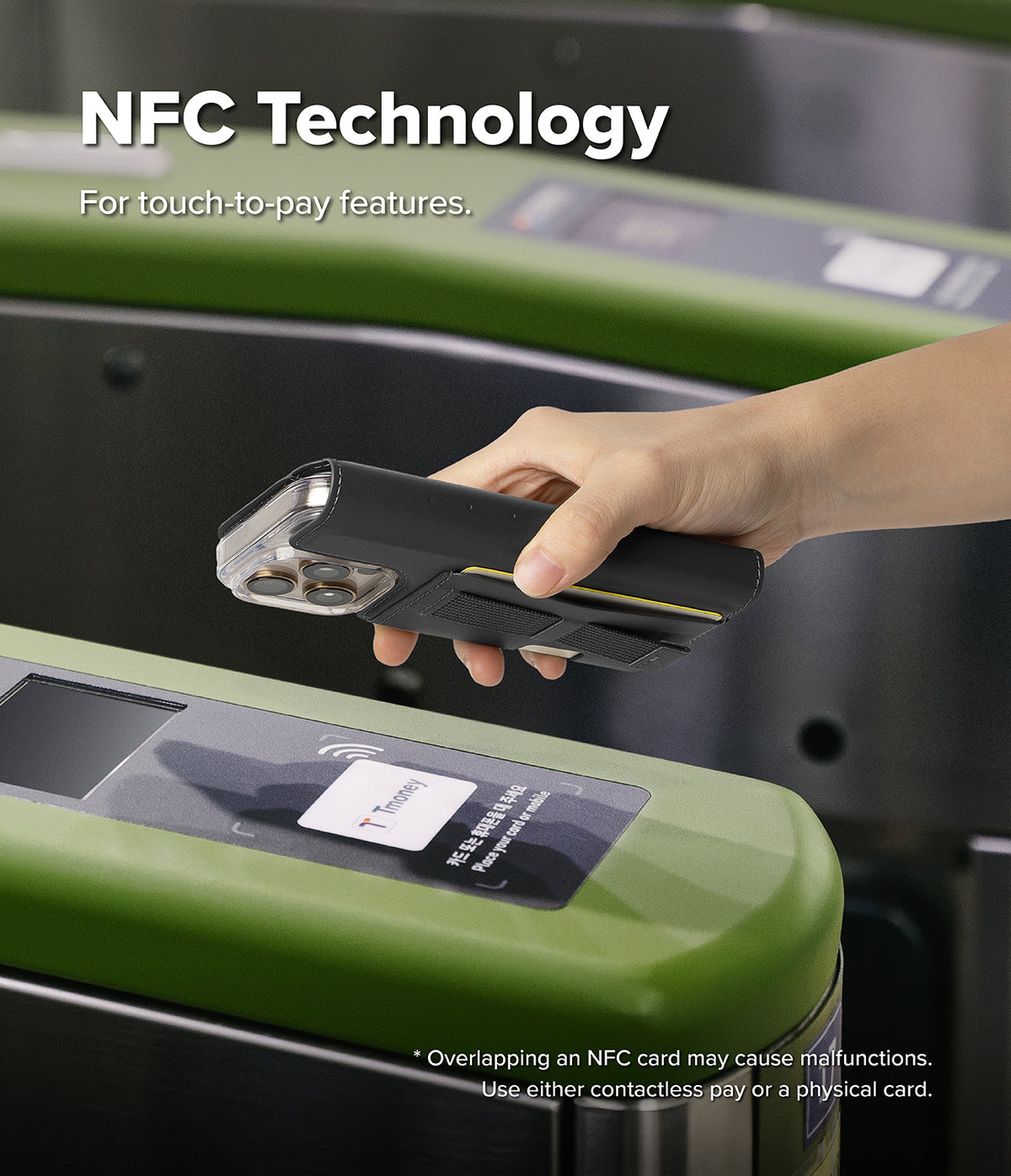 iPhone 16 Pro Cover | Folio Grip Wallet Magnetic - iPhone 16 Pro Cover - Hand holding a black folio phone case over a contactless transit payment terminal for NFC usage.