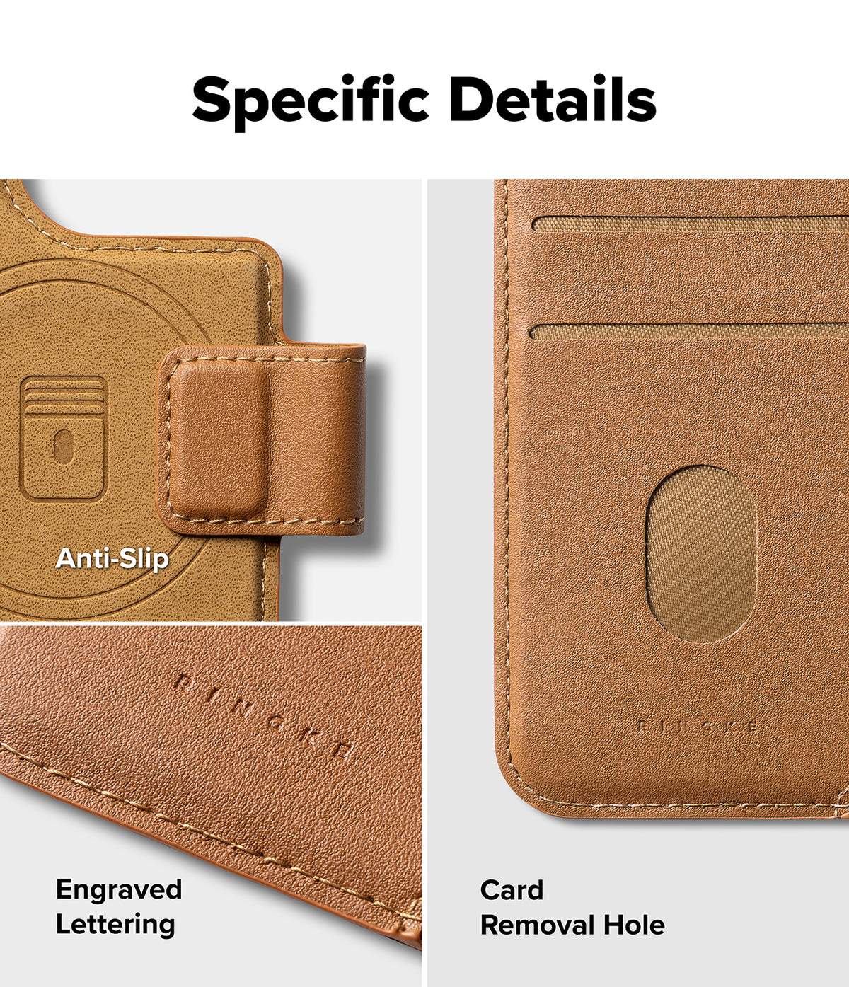 iPhone 16 Pro Cover | Folio Grip Wallet Magnetic - Close-up of tan leather wallet showing anti-slip grip, logo, and card slot.