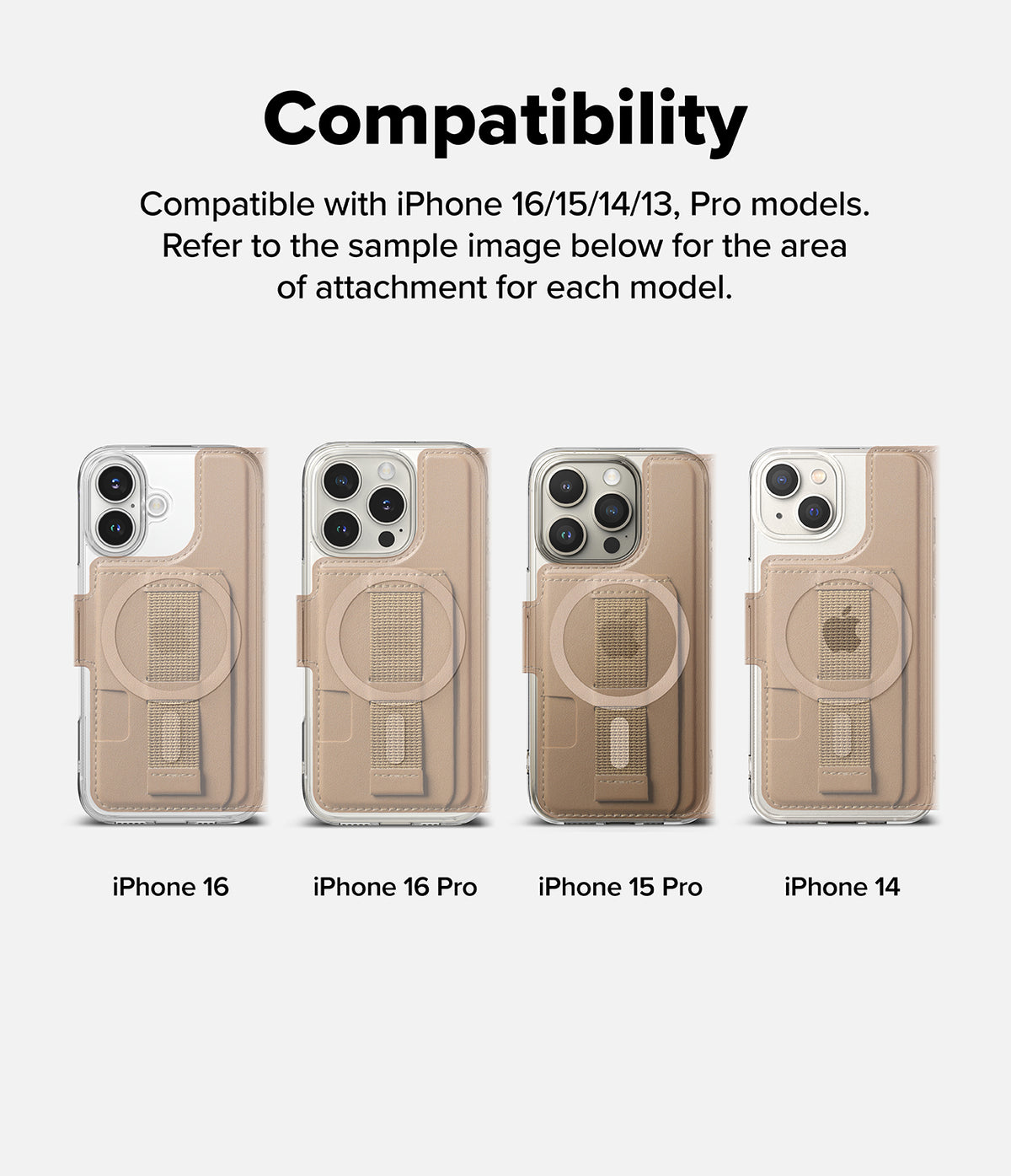 iPhone 16 Pro Cover | Folio Grip Wallet Magnetic - iPhone 16 Pro Cover - Compatibility chart showing a tan magnetic folio grip wallet attached to four different iPhone models.