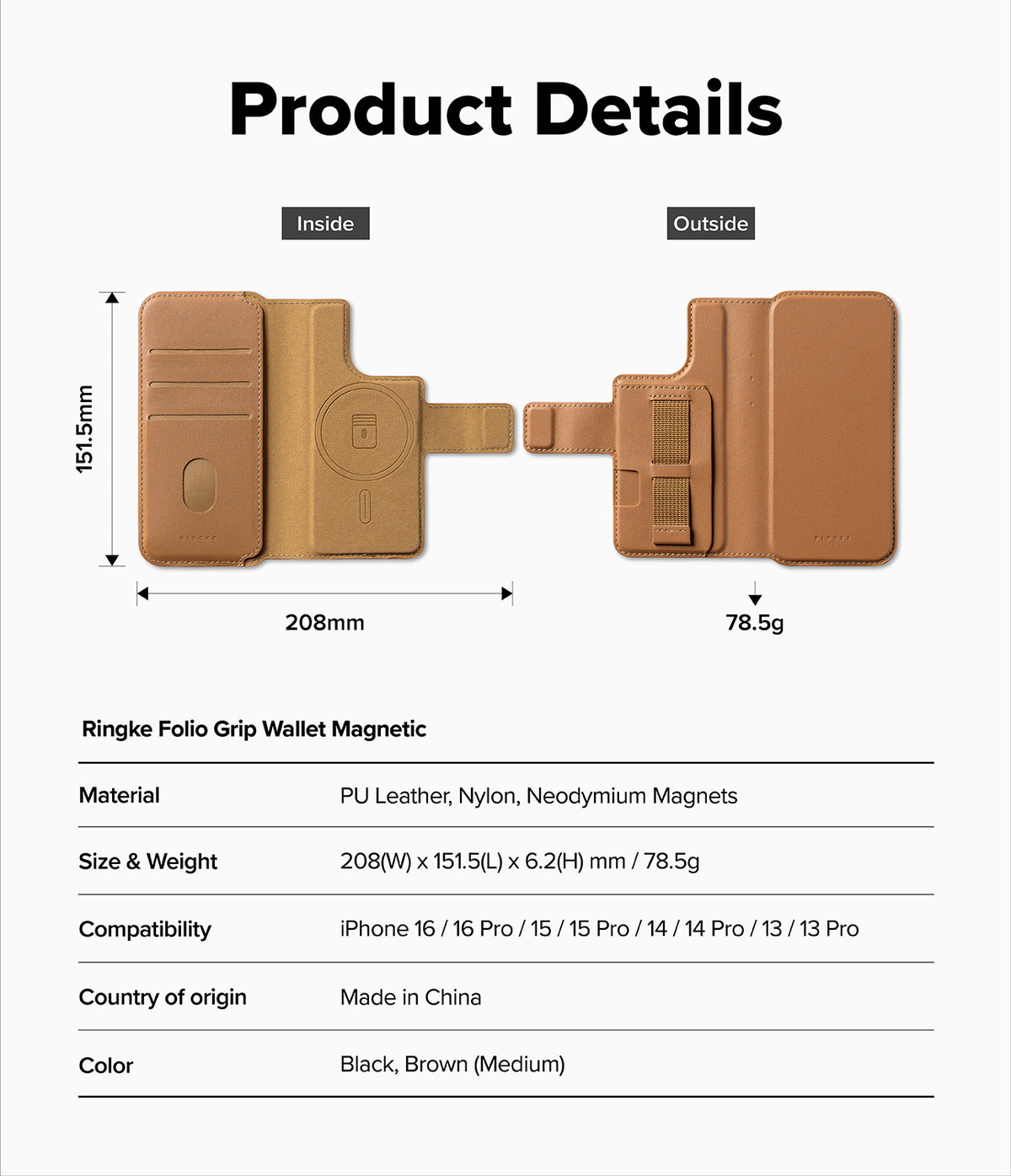 iPhone 16 Pro Cover | Folio Grip Wallet Magnetic - Technical diagram showing inside and outside of brown folio case.