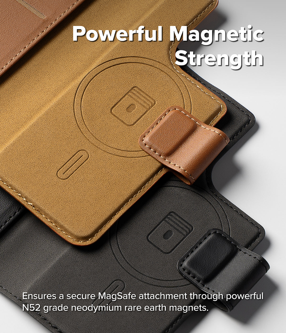 iPhone 16 Pro Cover | Folio Grip Wallet Magnetic - Tan and black leather wallet cases with embossed MagSafe ring icons.