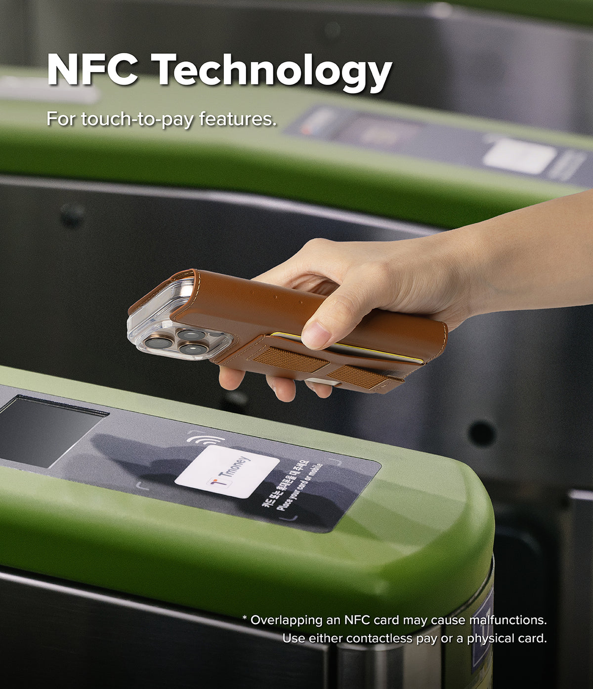 iPhone 16 Pro Cover | Folio Grip Wallet Magnetic - Hand holding a brown folio phone case over a subway turnstile NFC reader.