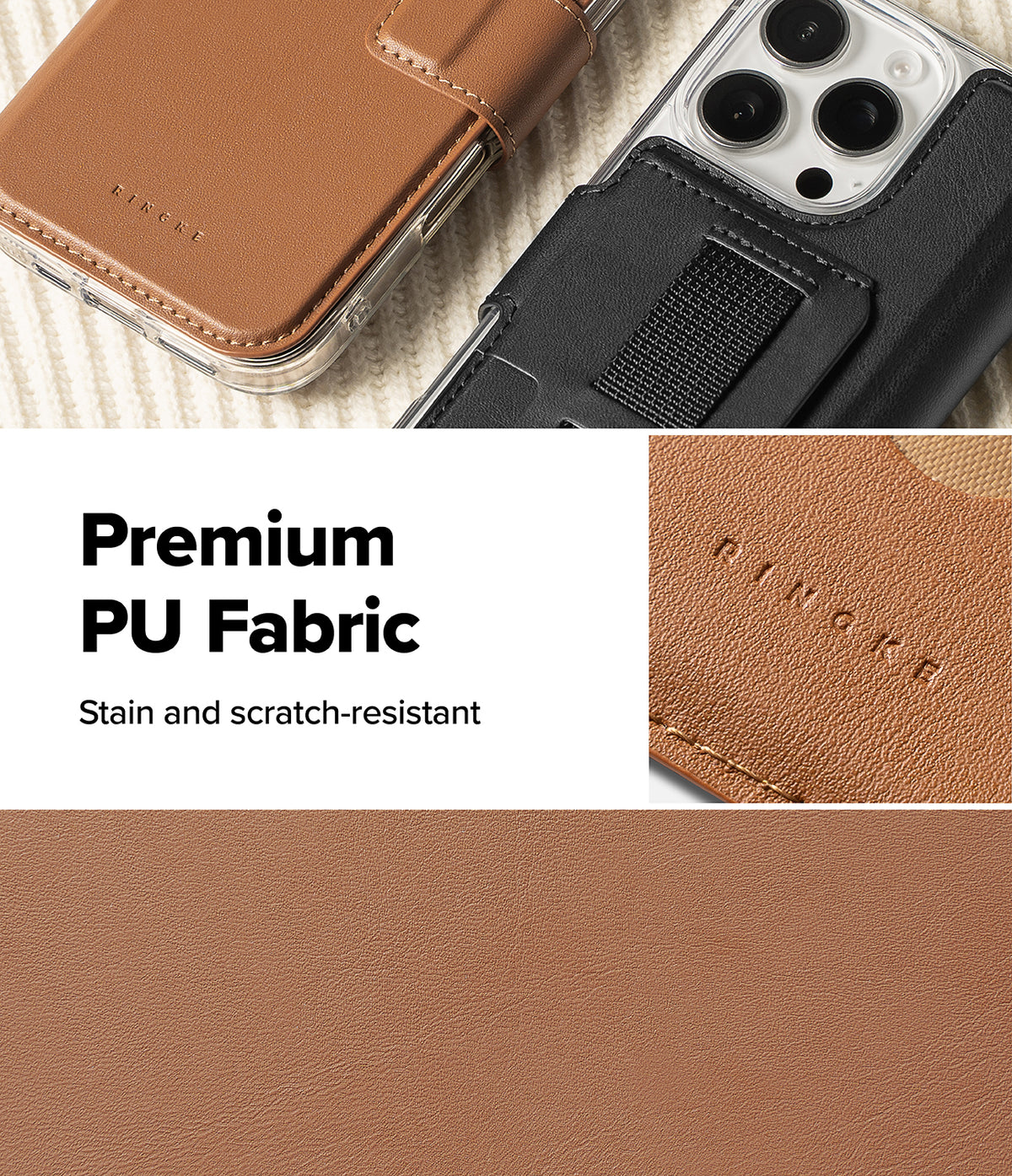 iPhone 16 Pro Cover | Folio Grip Wallet Magnetic - Brown and black phone cases with textured PU fabric and Ringke branding.