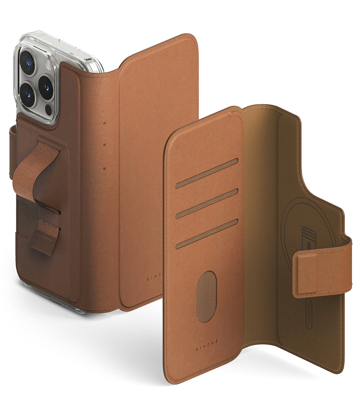 iPhone 16 Pro Cover | Folio Grip Wallet Magnetic - Brown leather folio case with card slots, hand strap, and magnetic closure.