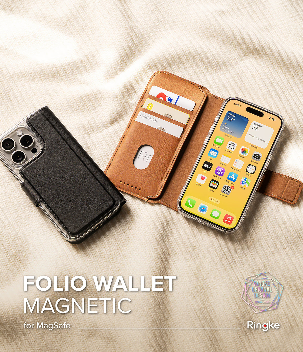 iPhone & Pro MagSafe Cover | Folio Wallet Magnetic - Black magnetic wallet case closed and open with cards on a textured fabric.