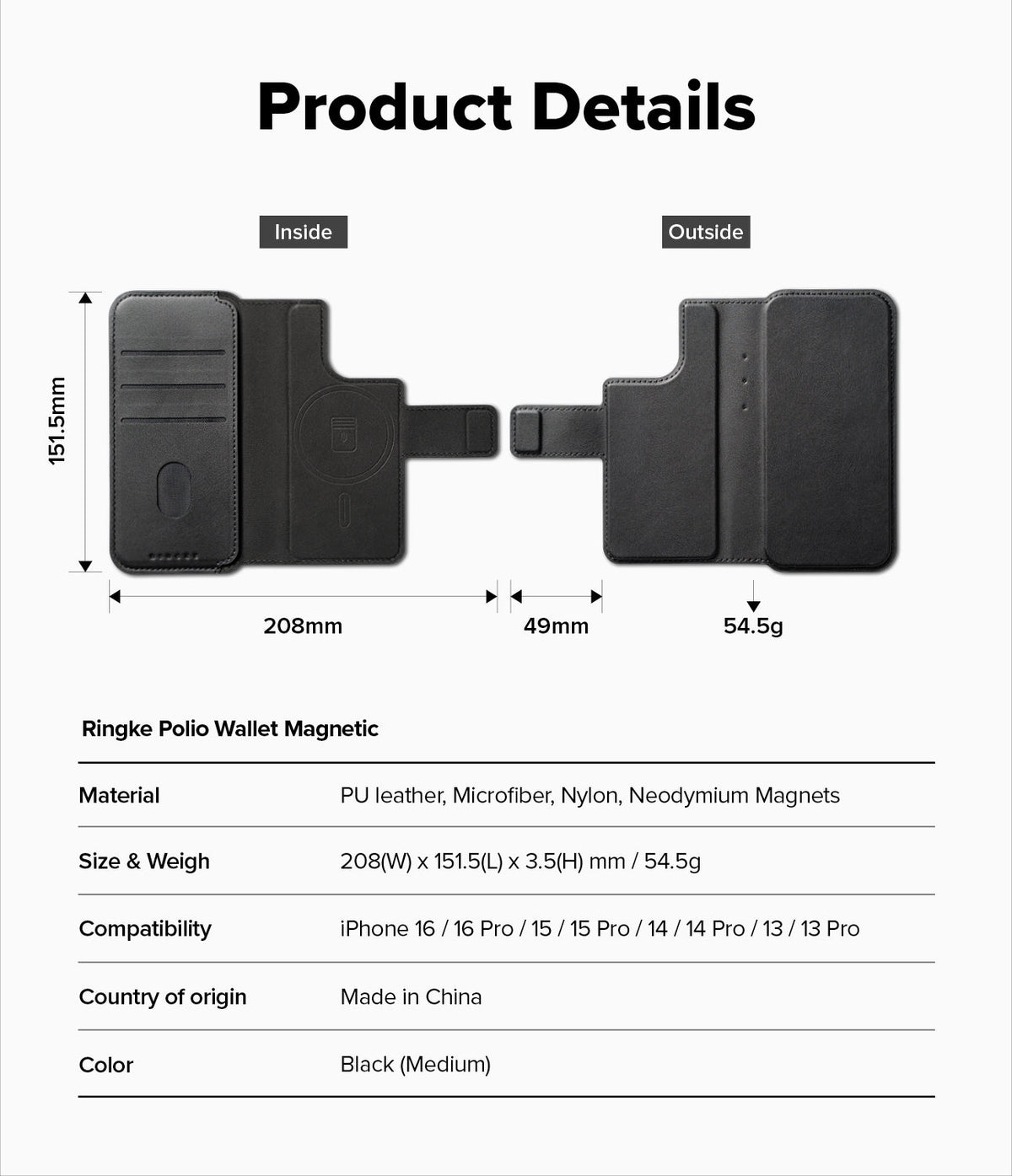 iPhone & Pro MagSafe Cover | Folio Wallet Magnetic - Technical diagram showing dimensions and features of a black folio case.