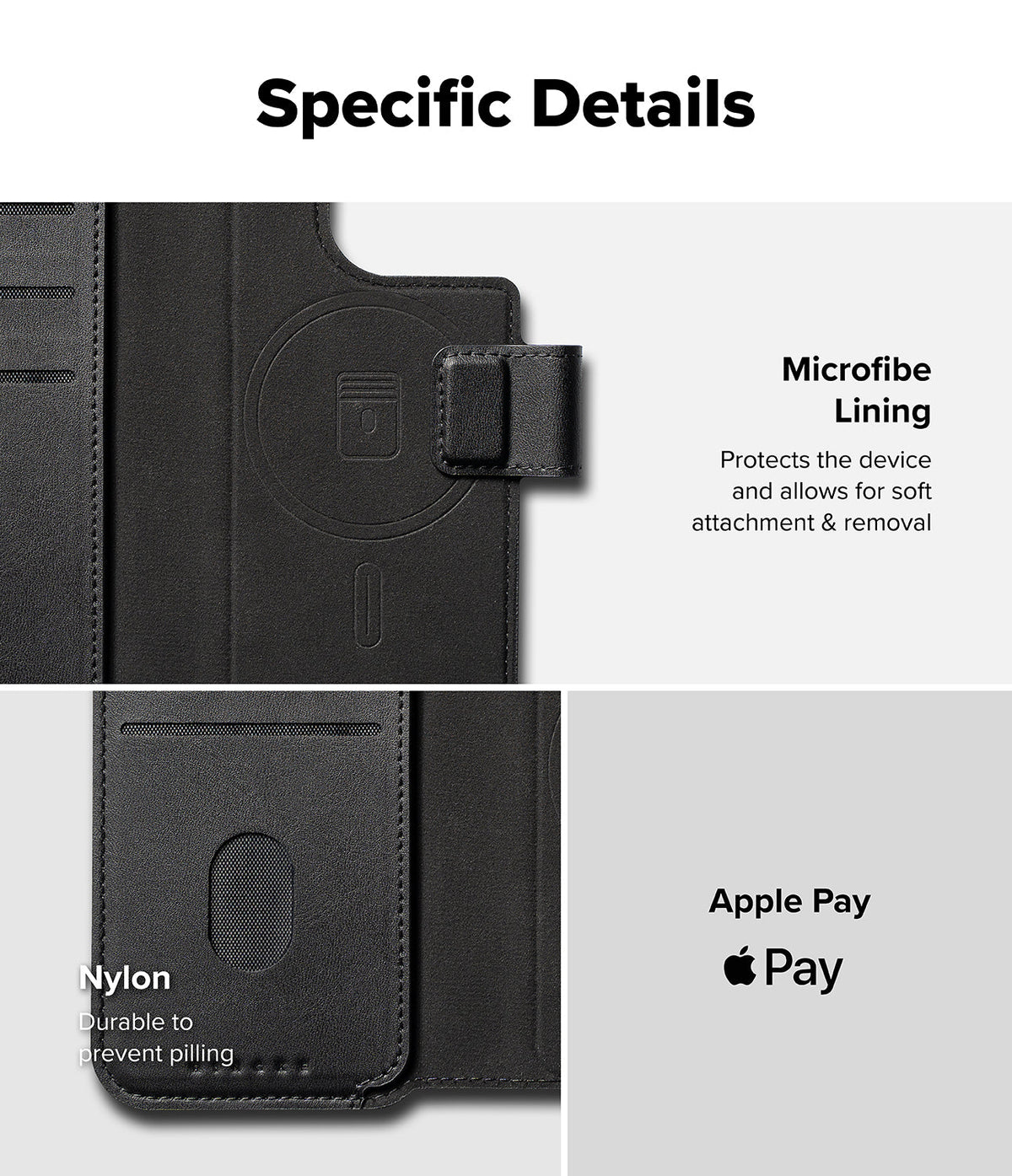 iPhone Pro Max & Plus MagSafe Cover | Folio Wallet Magnetic - Close-up of black folio case showing microfiber lining, magnetic closure, and durable nylon card slot.