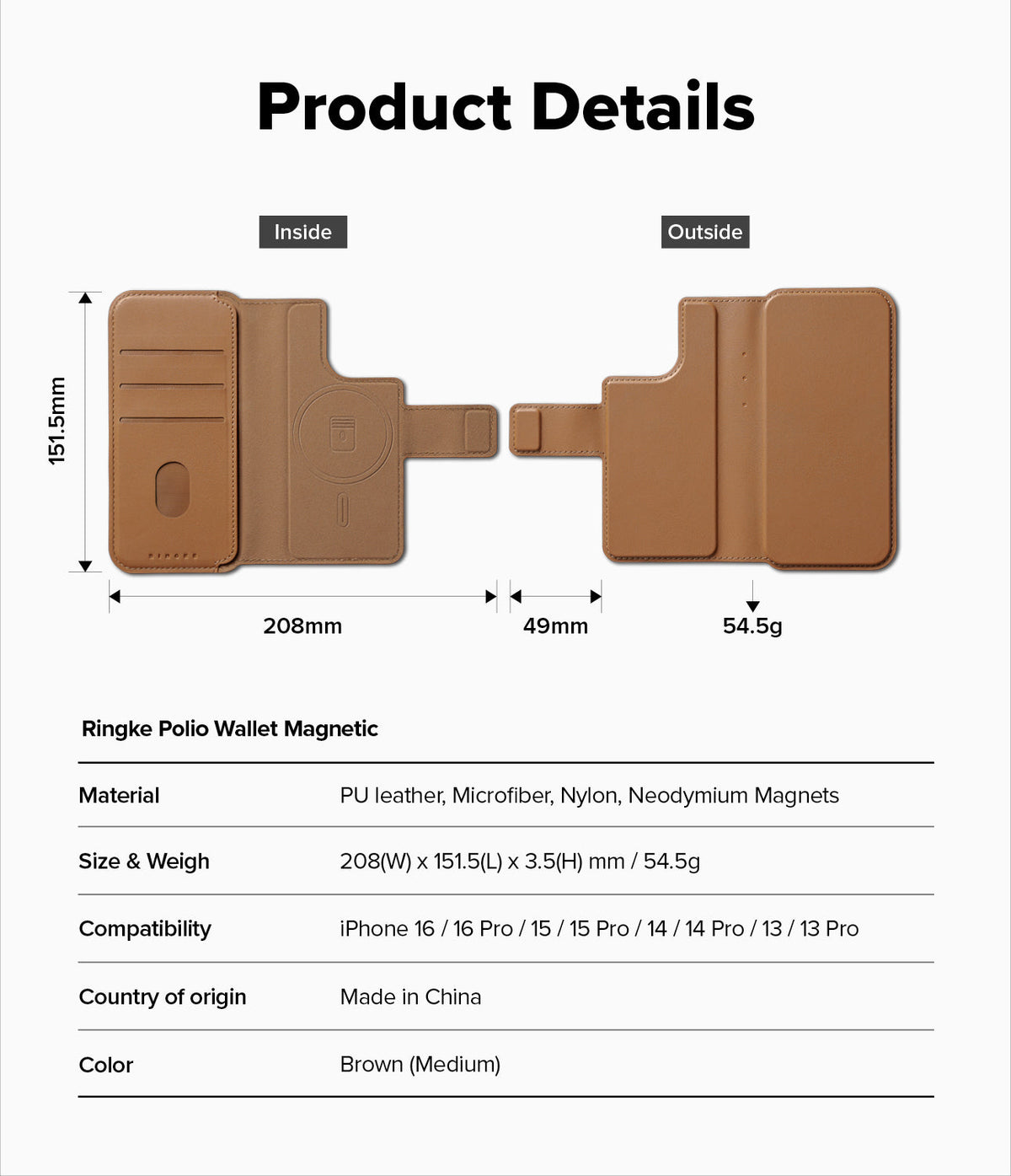 iPhone & Pro MagSafe Cover | Folio Wallet Magnetic - Technical diagram showing dimensions and specs of a brown folio case.