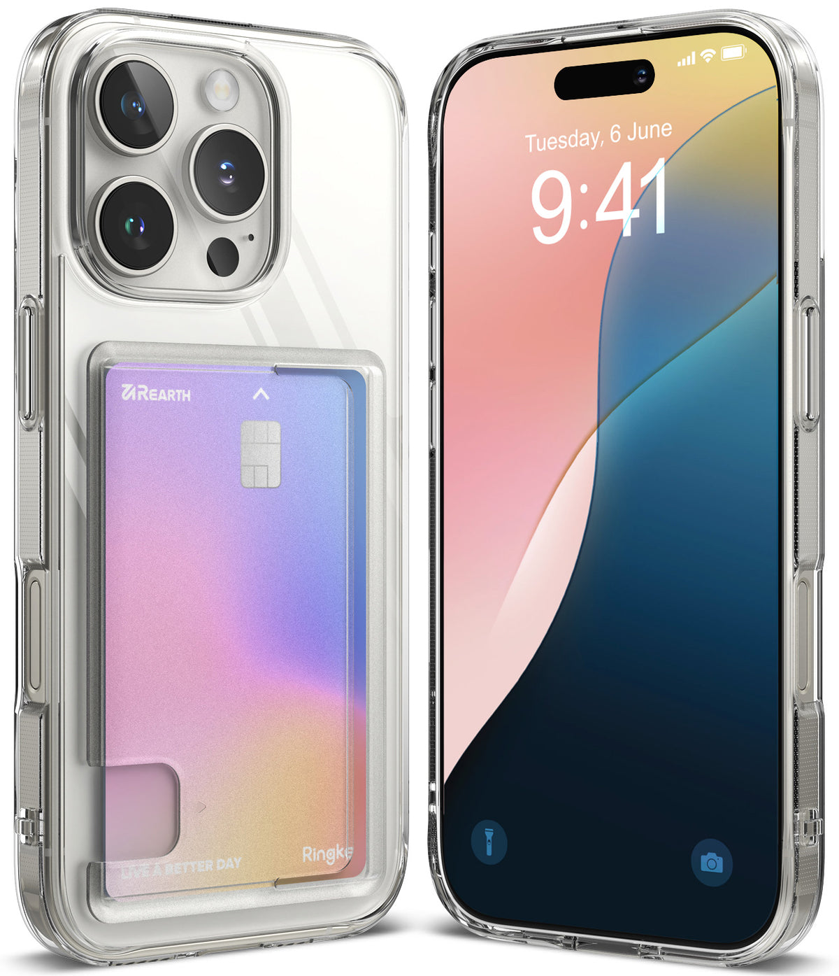 iPhone 16 Pro Case | Fusion Card - Clear phone case with a built-in card holder slot showing a colorful gradient card.