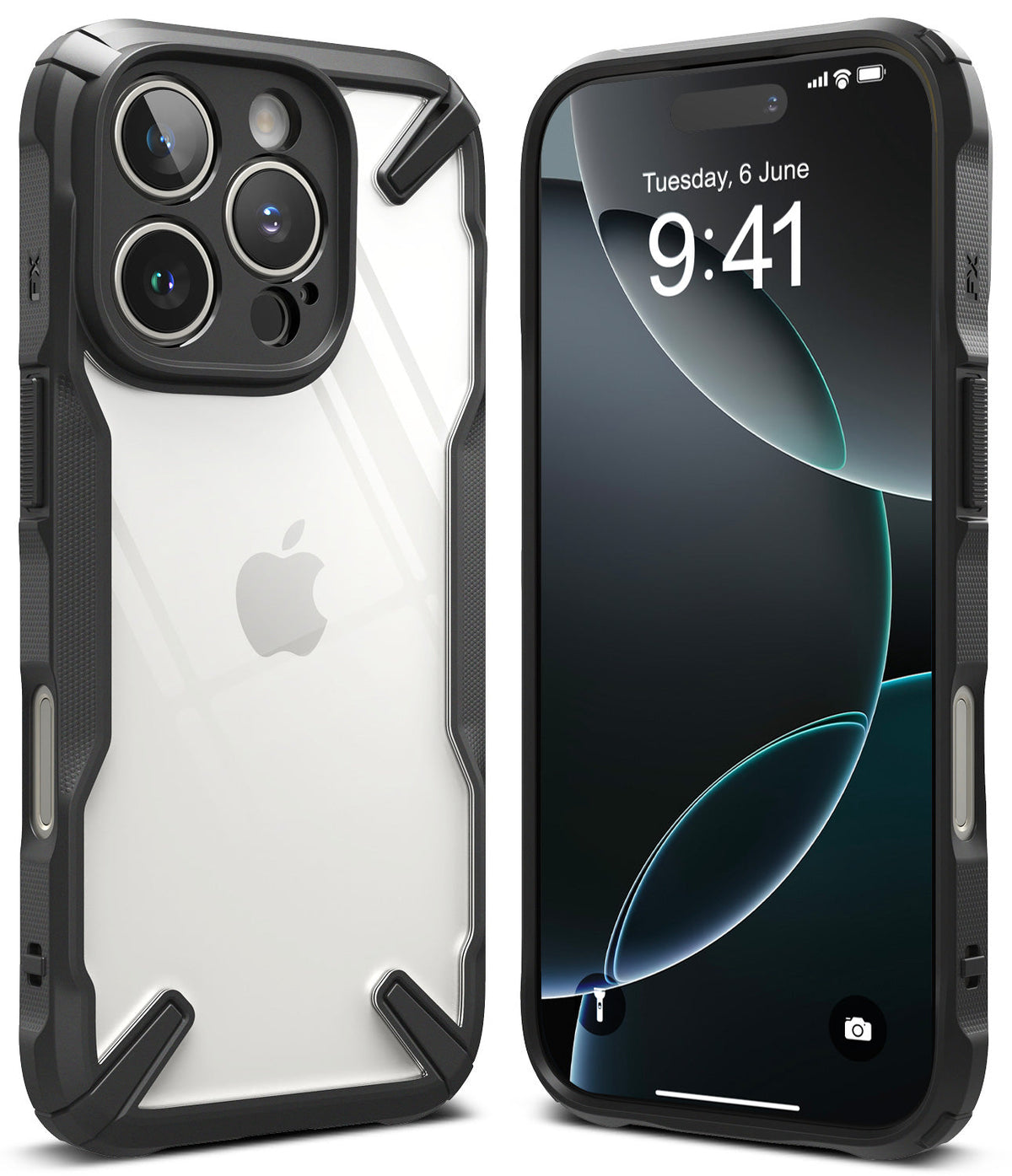 iPhone 16 Pro Max Case | Fusion-X - Front and back views of a rugged black and clear protective phone case.