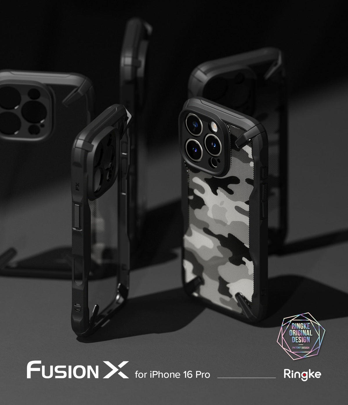 iPhone 16 Pro Case | Fusion-X - Multiple black Fusion-X protective cases with camouflage back panels arranged on a dark surface.