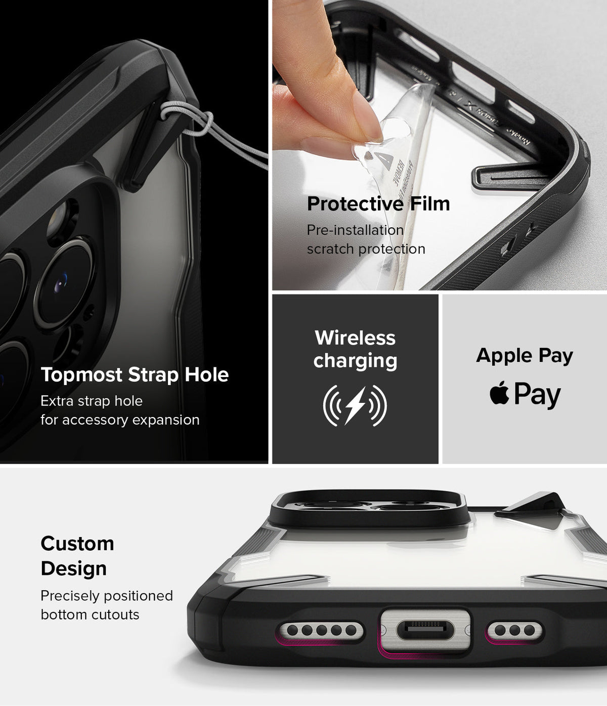 iPhone 16 Pro Case | Fusion-X - Features include a strap hole, protective film, wireless charging, Apple Pay, and precise cutouts.