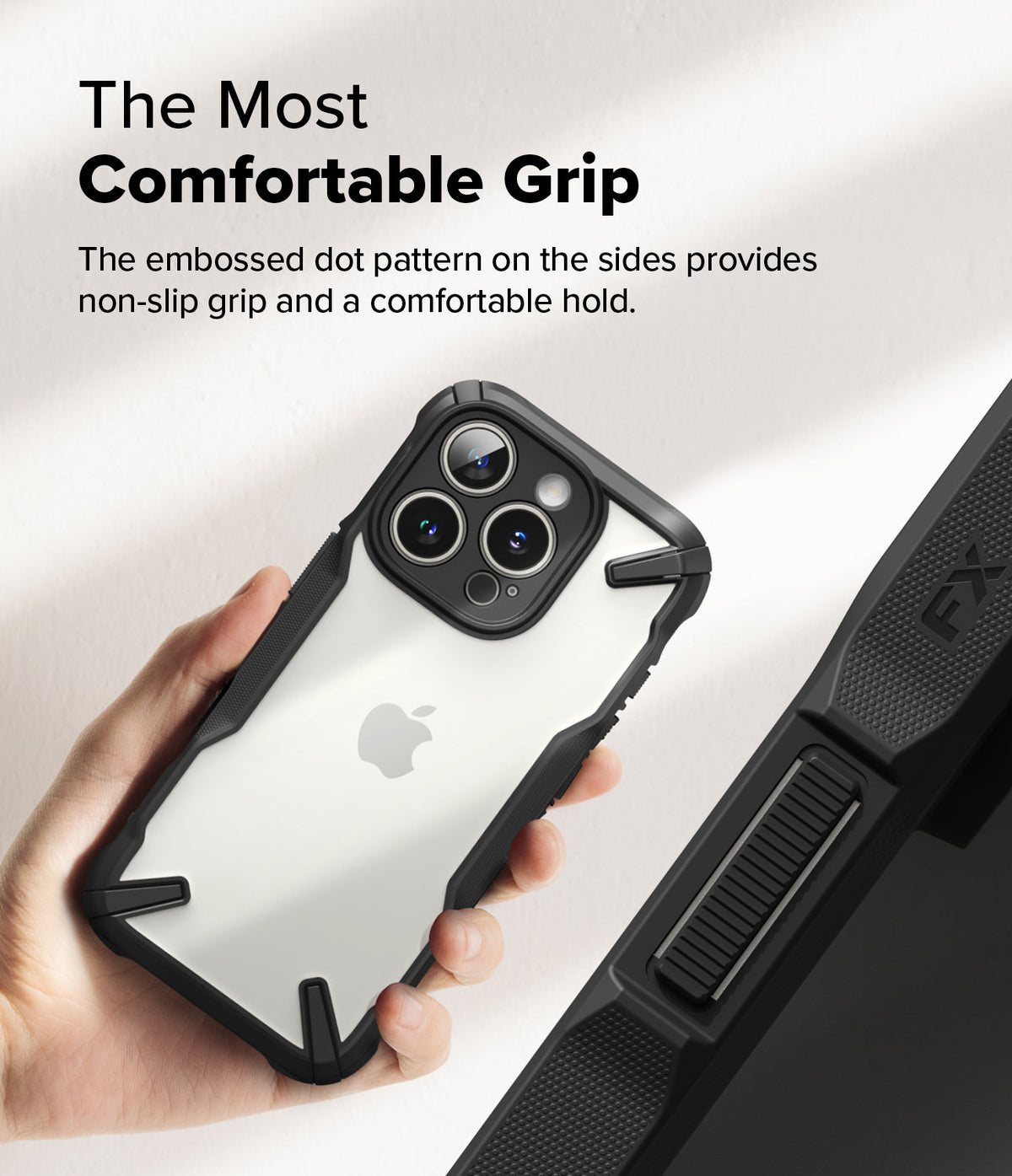 iPhone 16 Pro Case | Fusion-X - Hand holding a clear iPhone 16 Pro case with black textured sides and a dot-patterned grip.