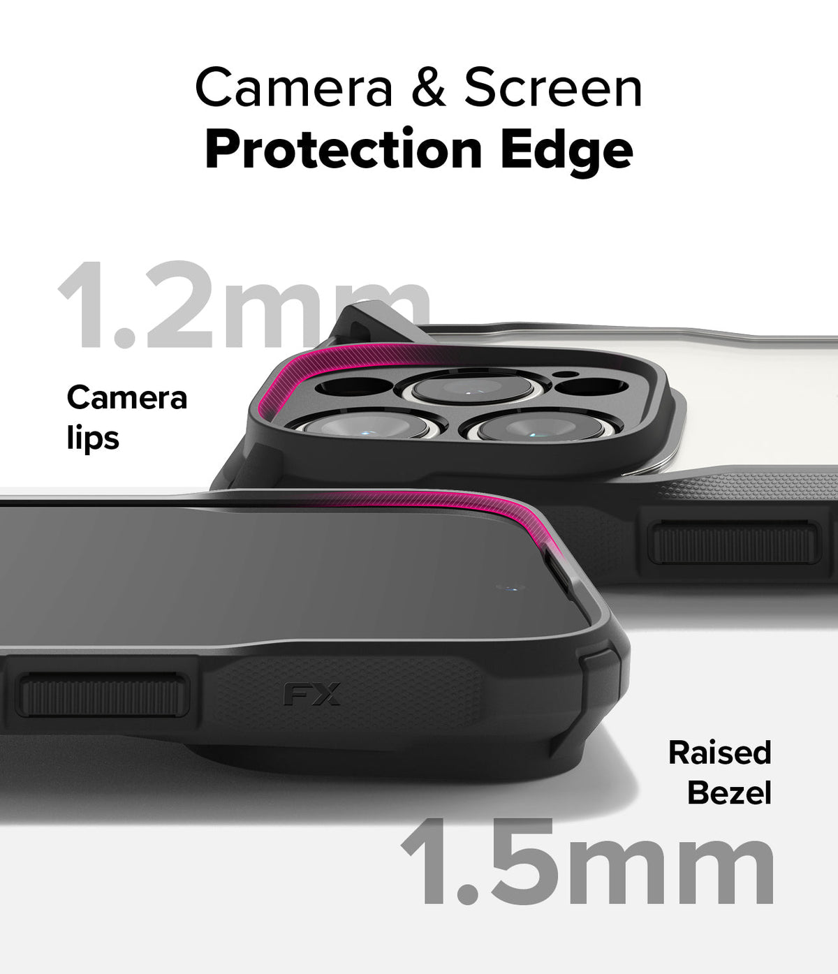 iPhone 16 Pro Case | Fusion-X - Close-up of phone case showing 1.2mm camera lips and 1.5mm raised screen bezel for protection.