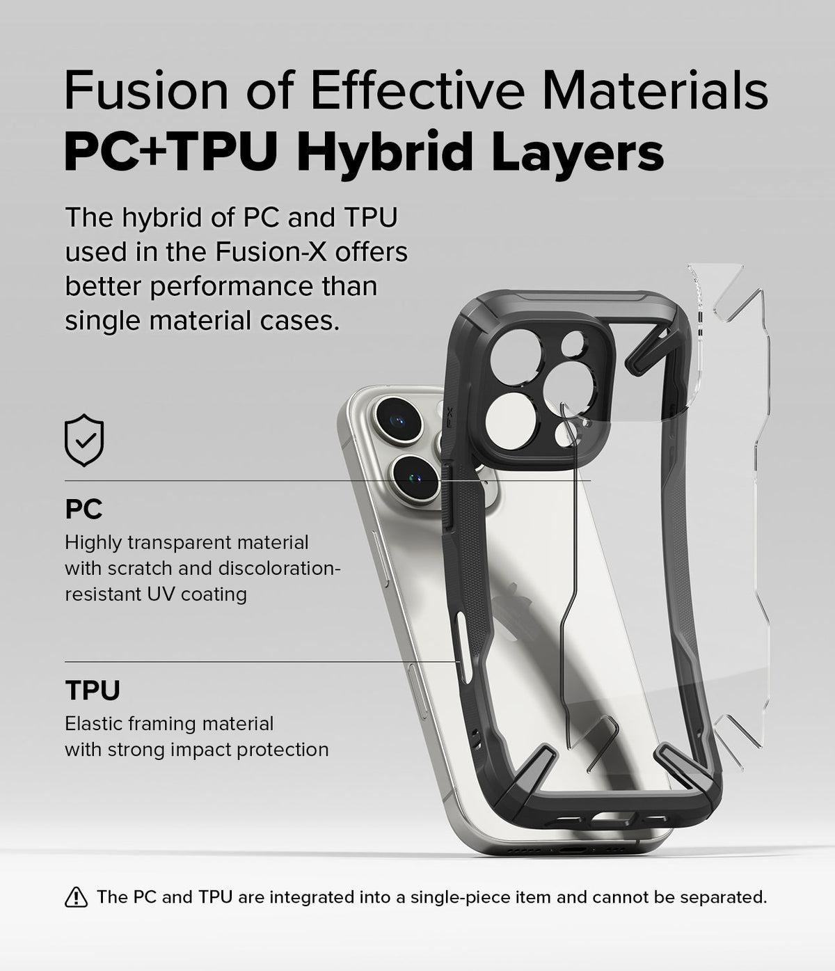 iPhone 16 Pro Case | Fusion-X - Exploded view of a hybrid PC and TPU phone case highlighting its protective layered design.