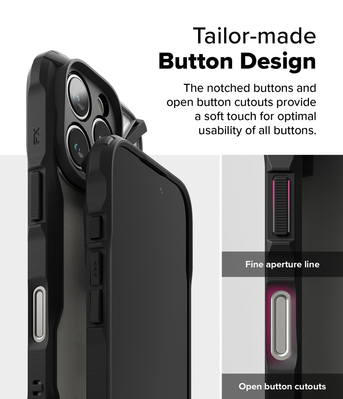 iPhone 16 Pro Case | Fusion-X - Close-up of black phone case showing notched buttons and open cutouts for easy access.