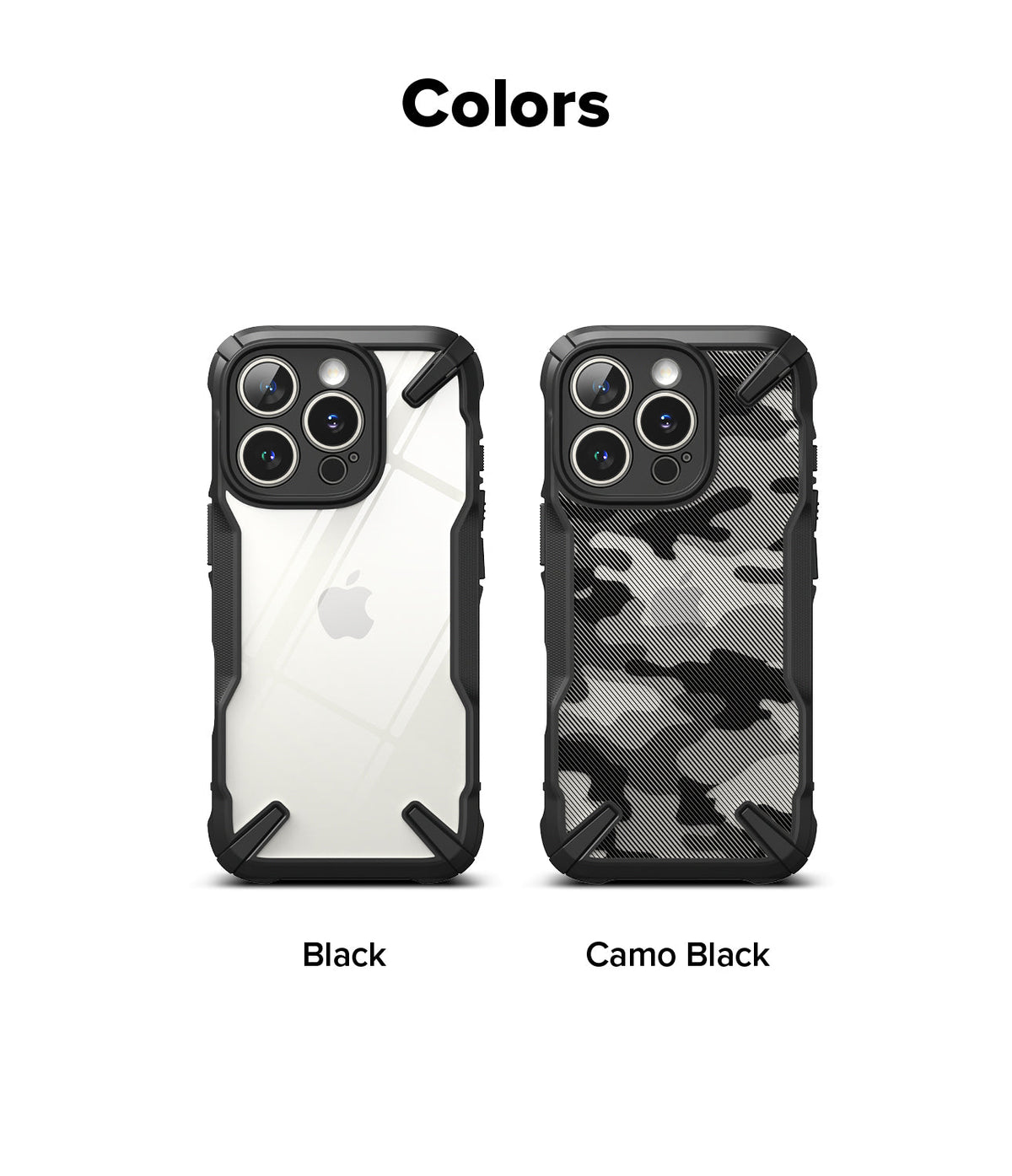 iPhone 16 Pro Case | Fusion-X - Two iPhone 16 Pro cases in Black and Camo Black side-by-side on a white background.