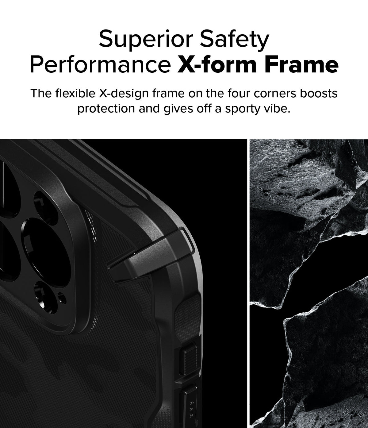 iPhone 16 Pro Case | Fusion-X - Close-up of a black phone case corner with a reinforced X-shaped frame next to a dark rock texture.