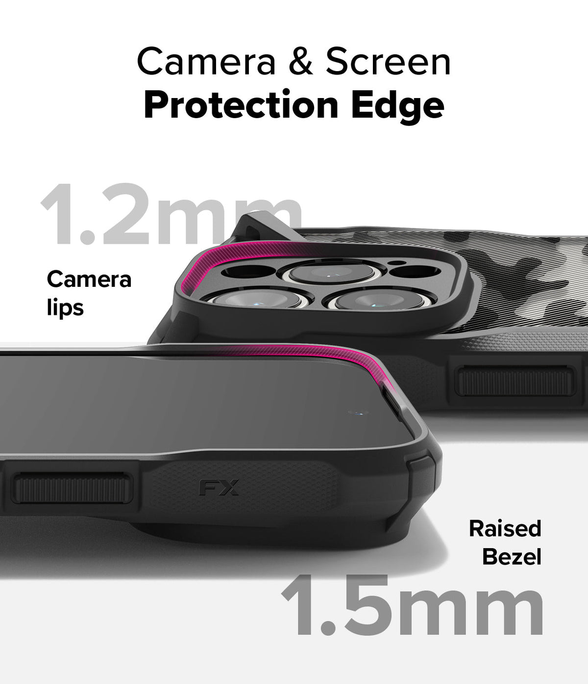 iPhone 16 Pro Case | Fusion-X - Close-up of phone case showing 1.2mm camera lips and 1.5mm raised screen bezel protection.
